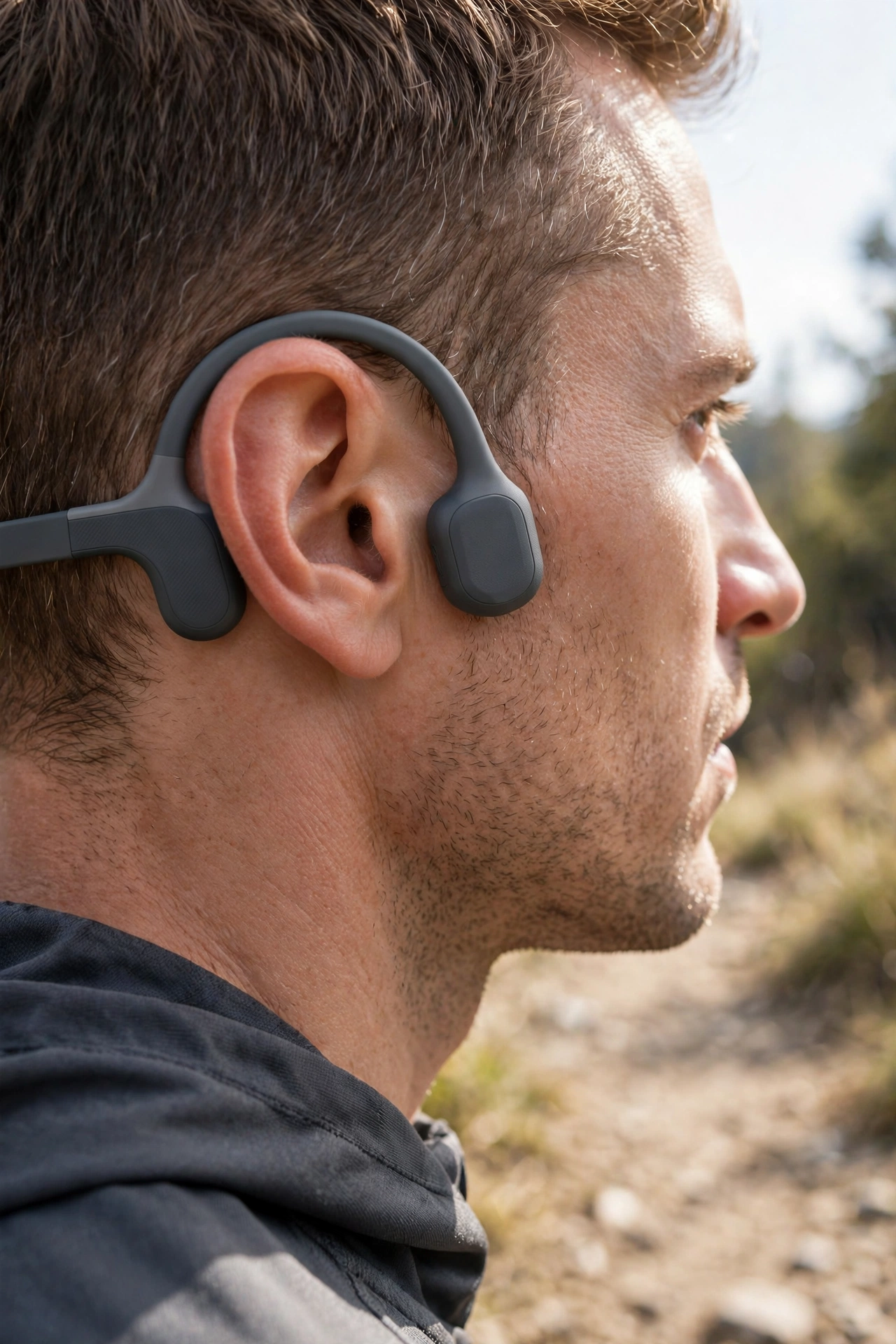 Open-ear bone conduction headphones worn by a runner on a trail