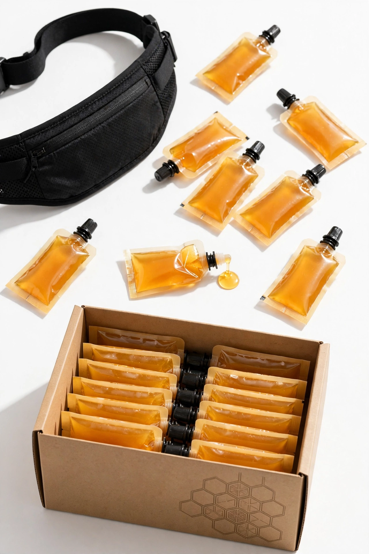 Honey energy gel packets and a box of gels beside a running belt