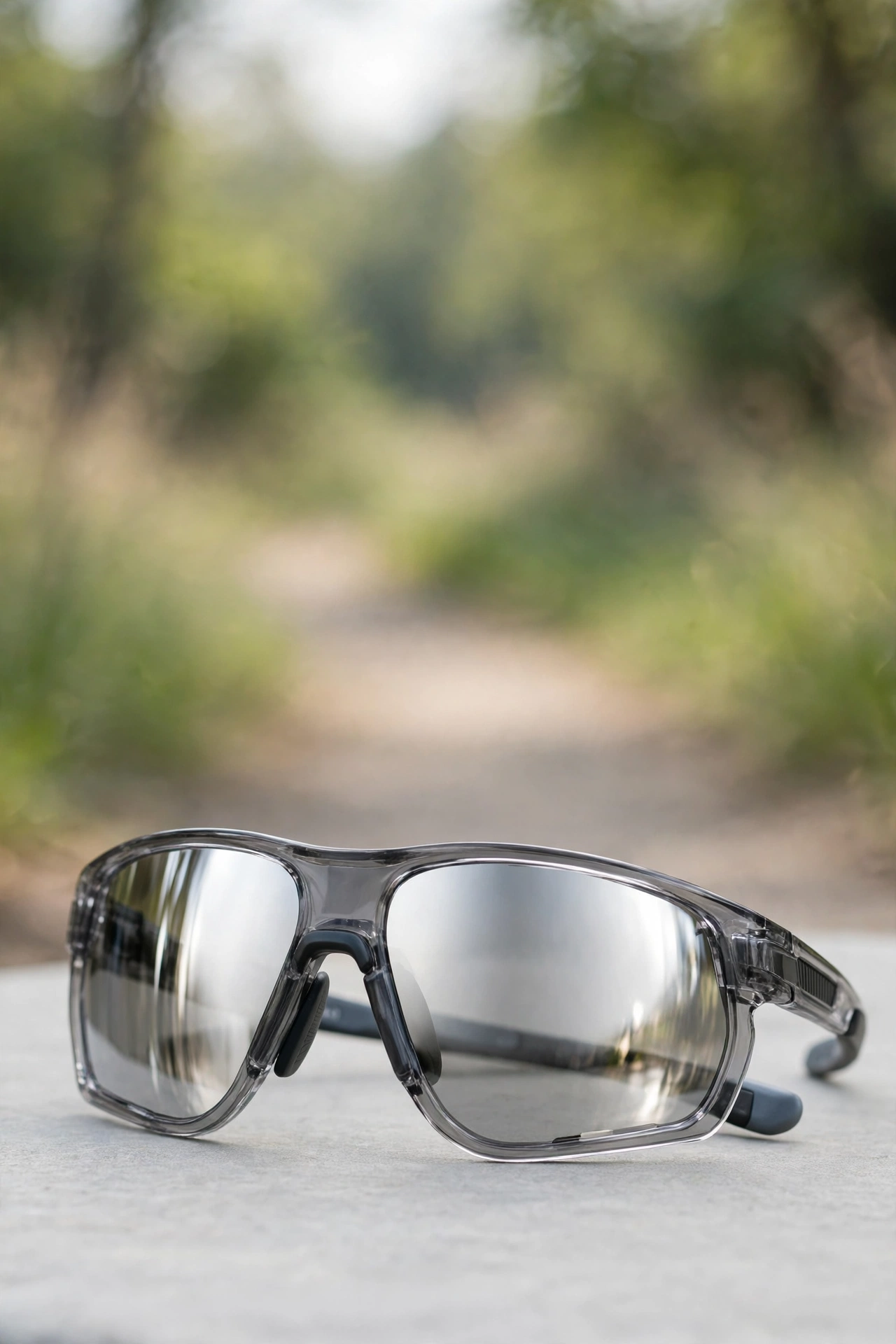 Polarized running sunglasses with dark gray frames and mirrored lenses
