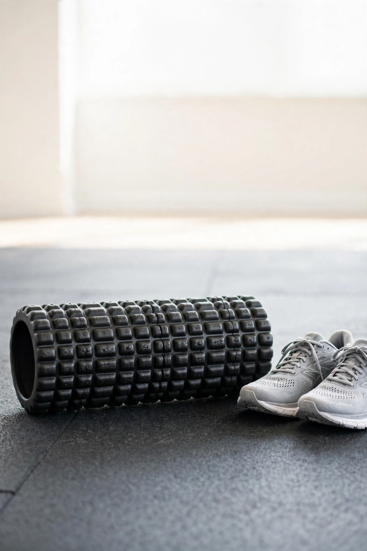 Black grid foam roller with a raised pattern on a gym floor