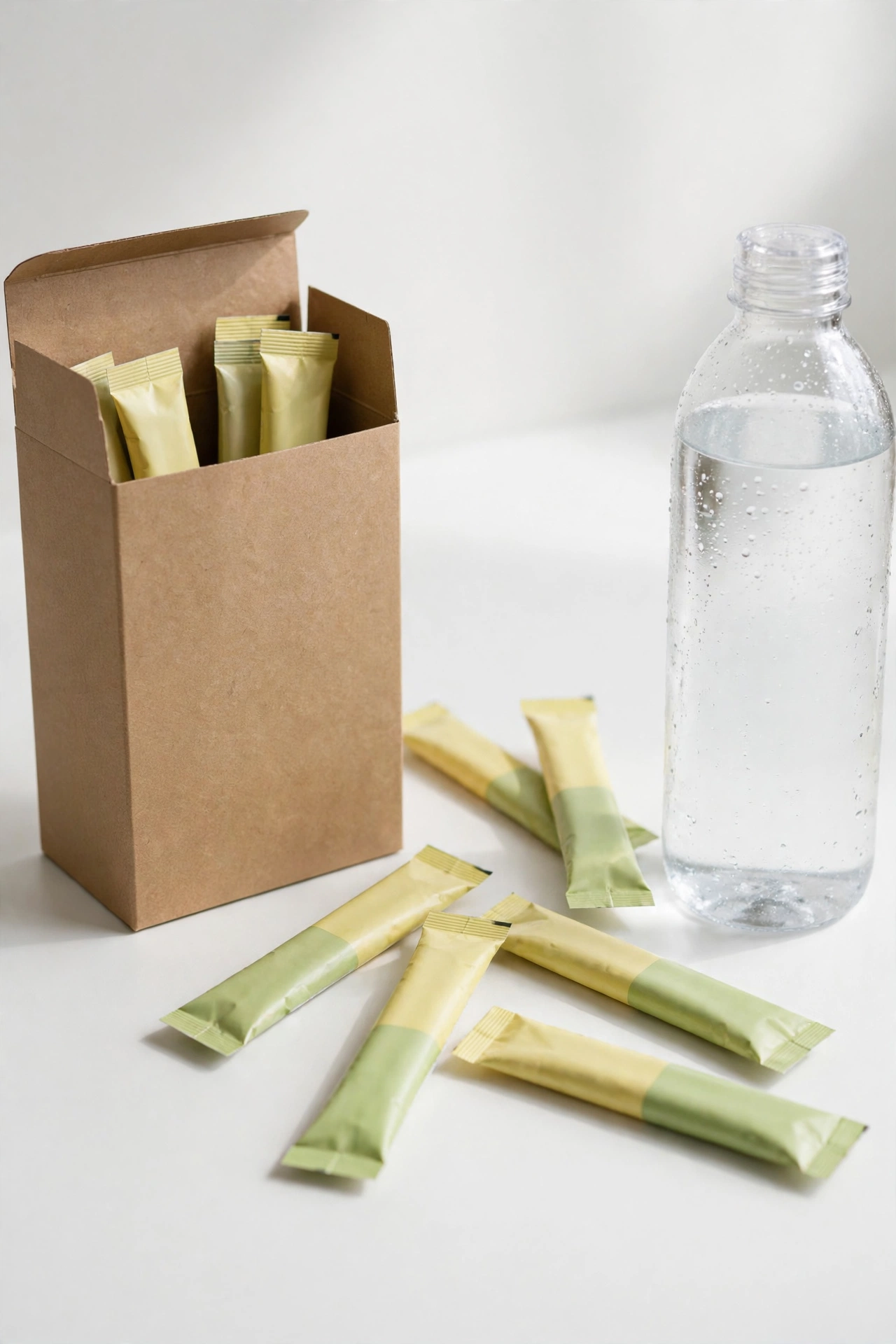 Electrolyte drink mix packets beside a water bottle