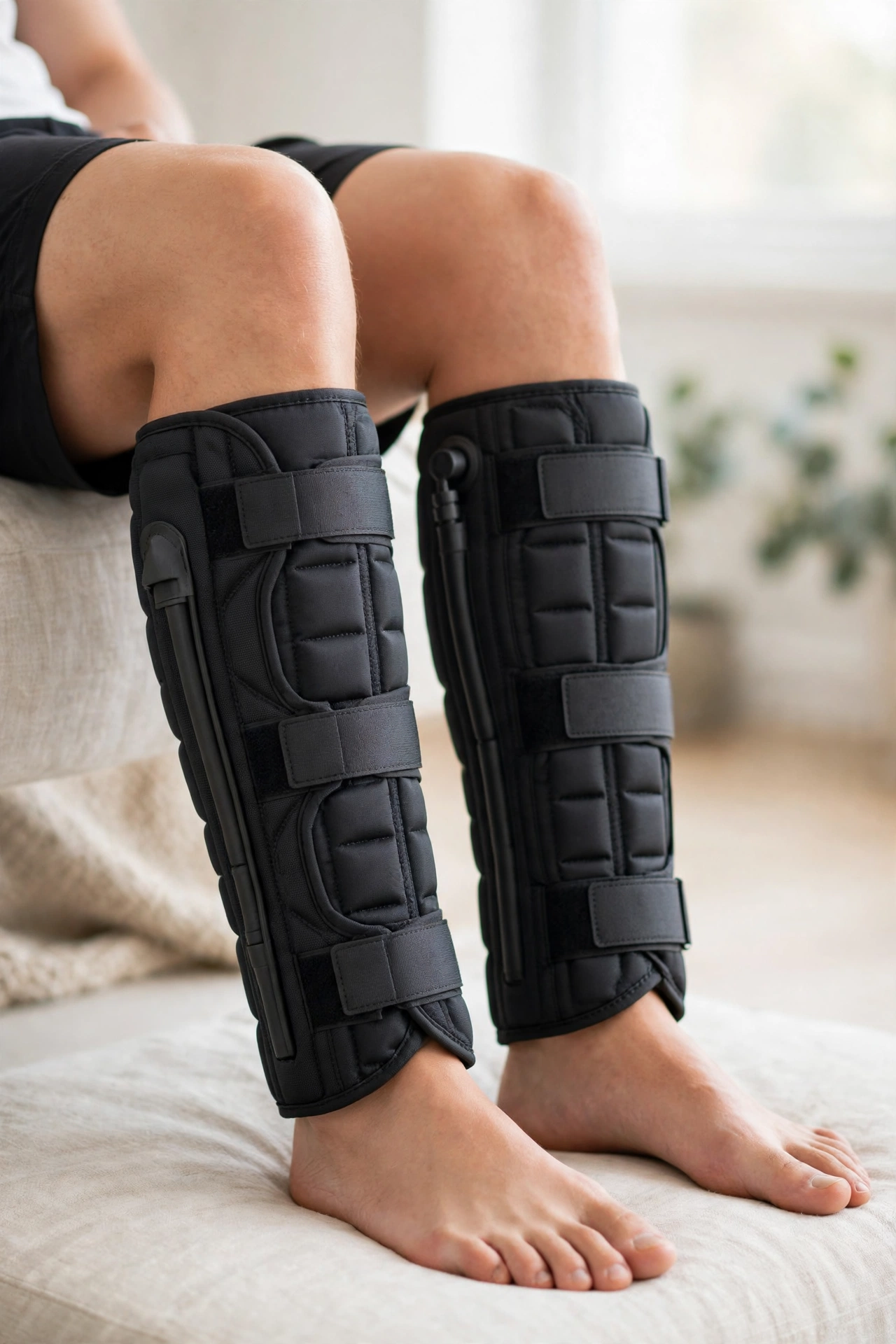 Calf compression recovery wraps worn on a seated runner's lower legs