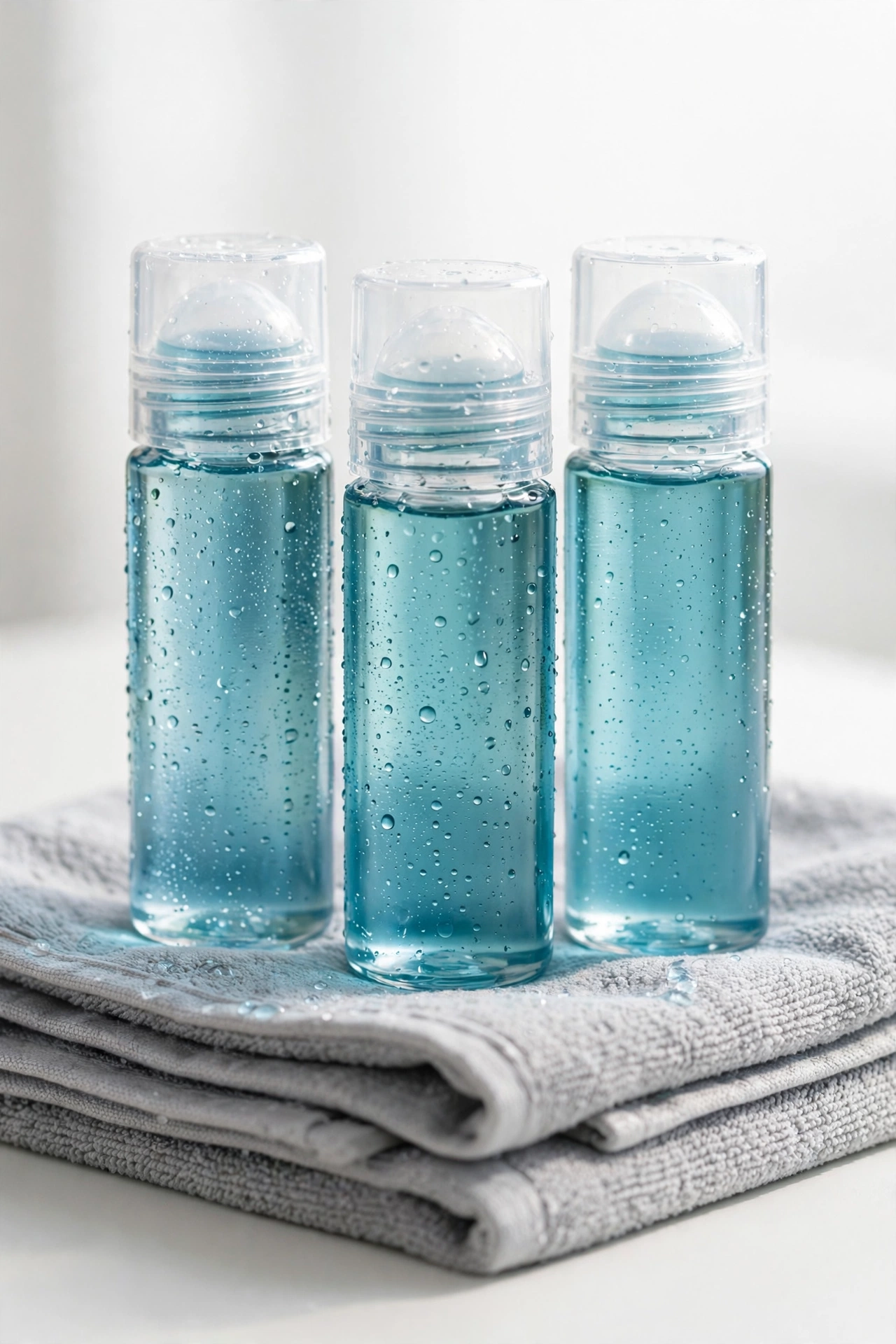 Three cooling menthol pain relief roll-on bottles on a clean surface