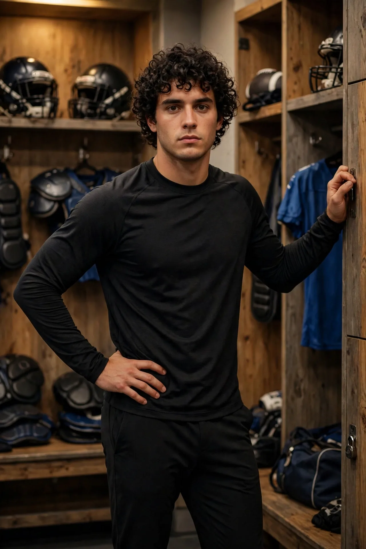 Belmont Cameli in a black athletic top in a locker room