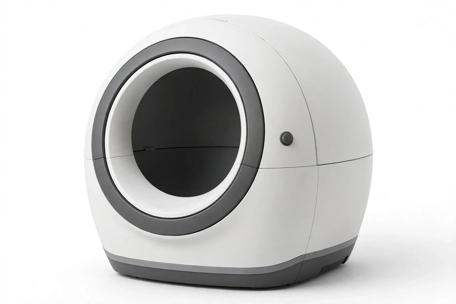 Large white rounded enclosed automatic litter box with a circular front opening and gray trim