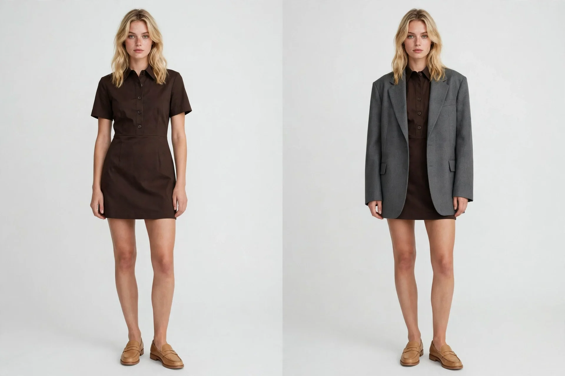 Dark-brown short-sleeve mini dress with tan loafers, shown alone and under a grey oversized blazer