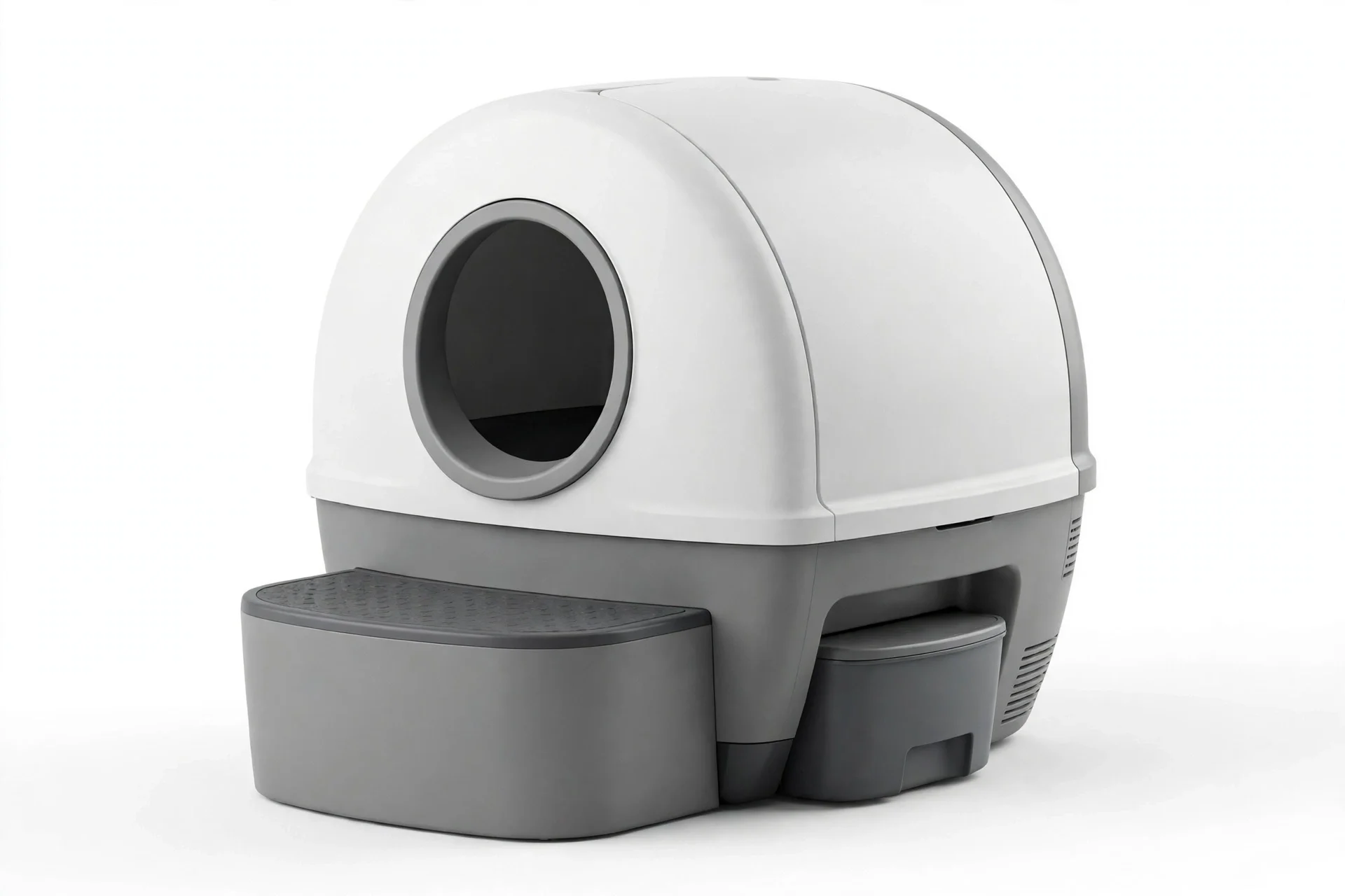 Compact white and gray automatic litter box with a rounded drum body and a high entry step