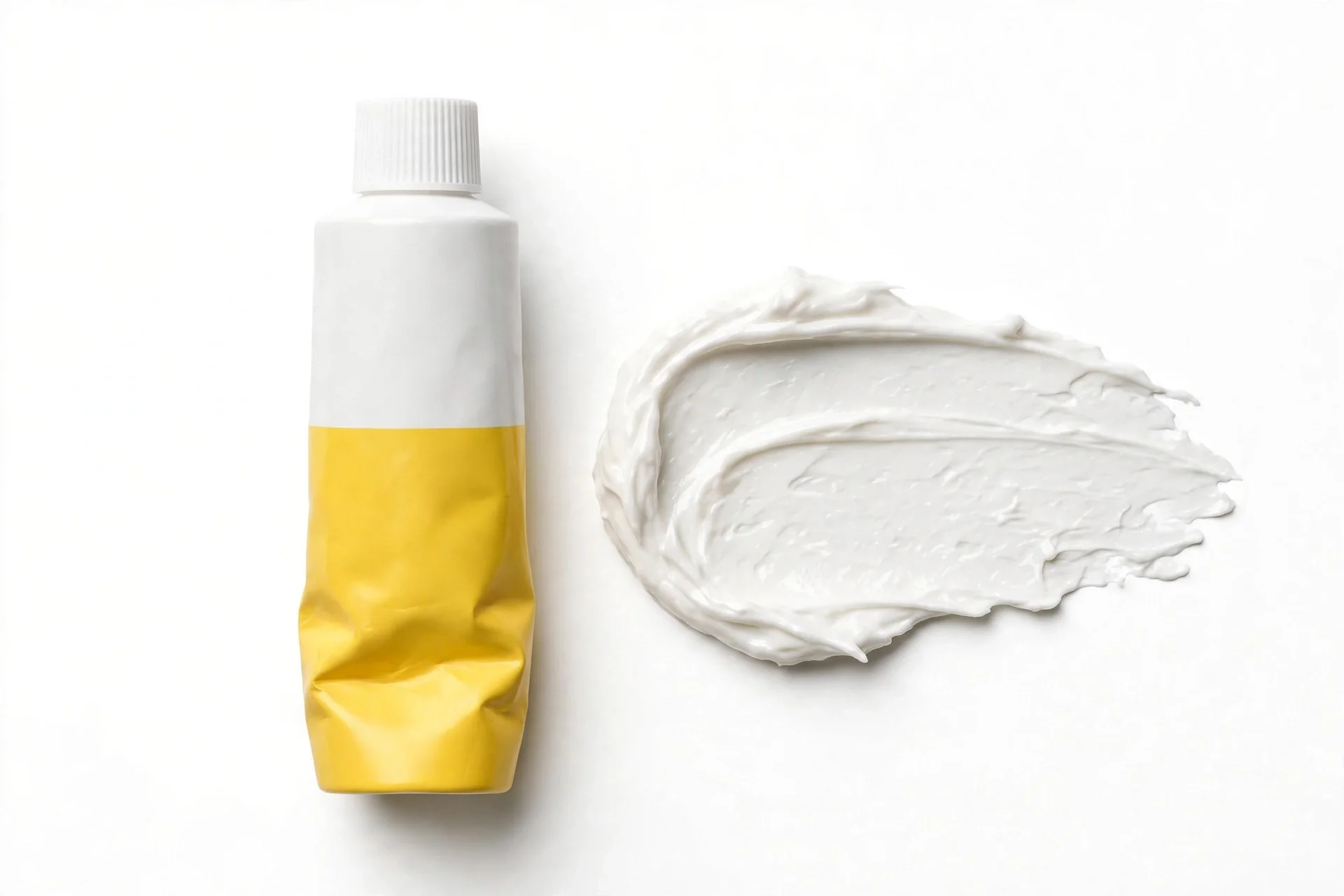 Yellow-and-white squeeze tube with a smear of white cream to its right