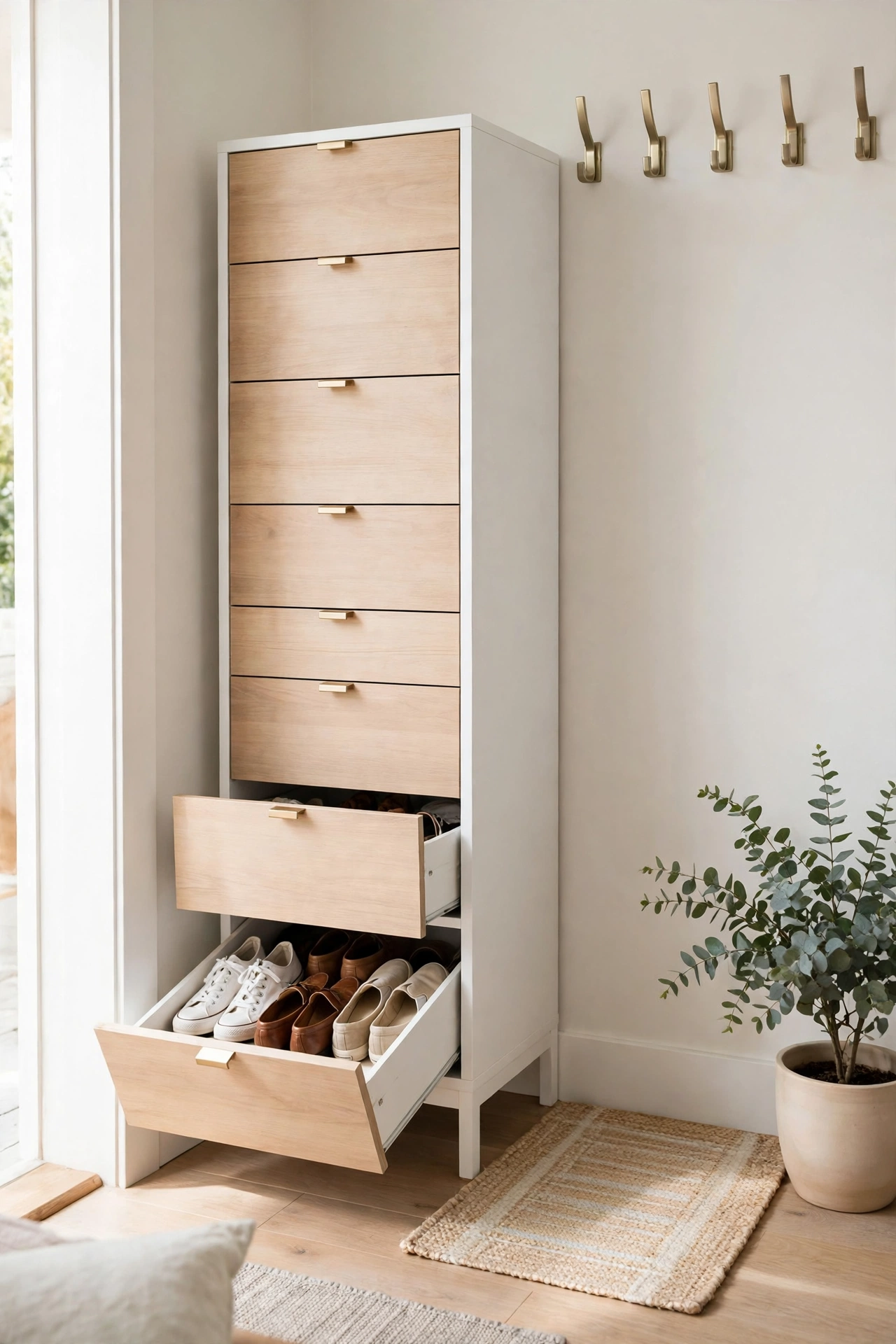 A Slim Shoe Cabinet With Flip Drawers