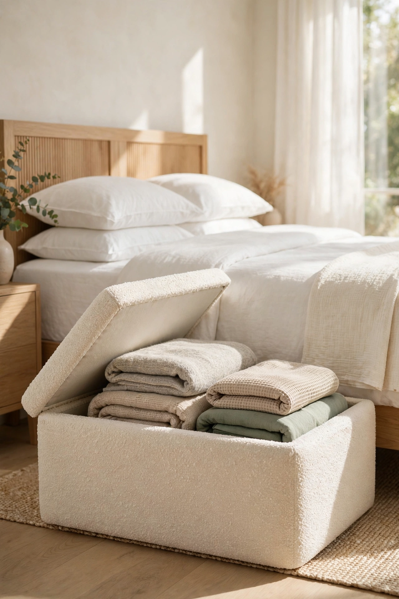 A Boucle Storage Bench With Hidden Space Inside