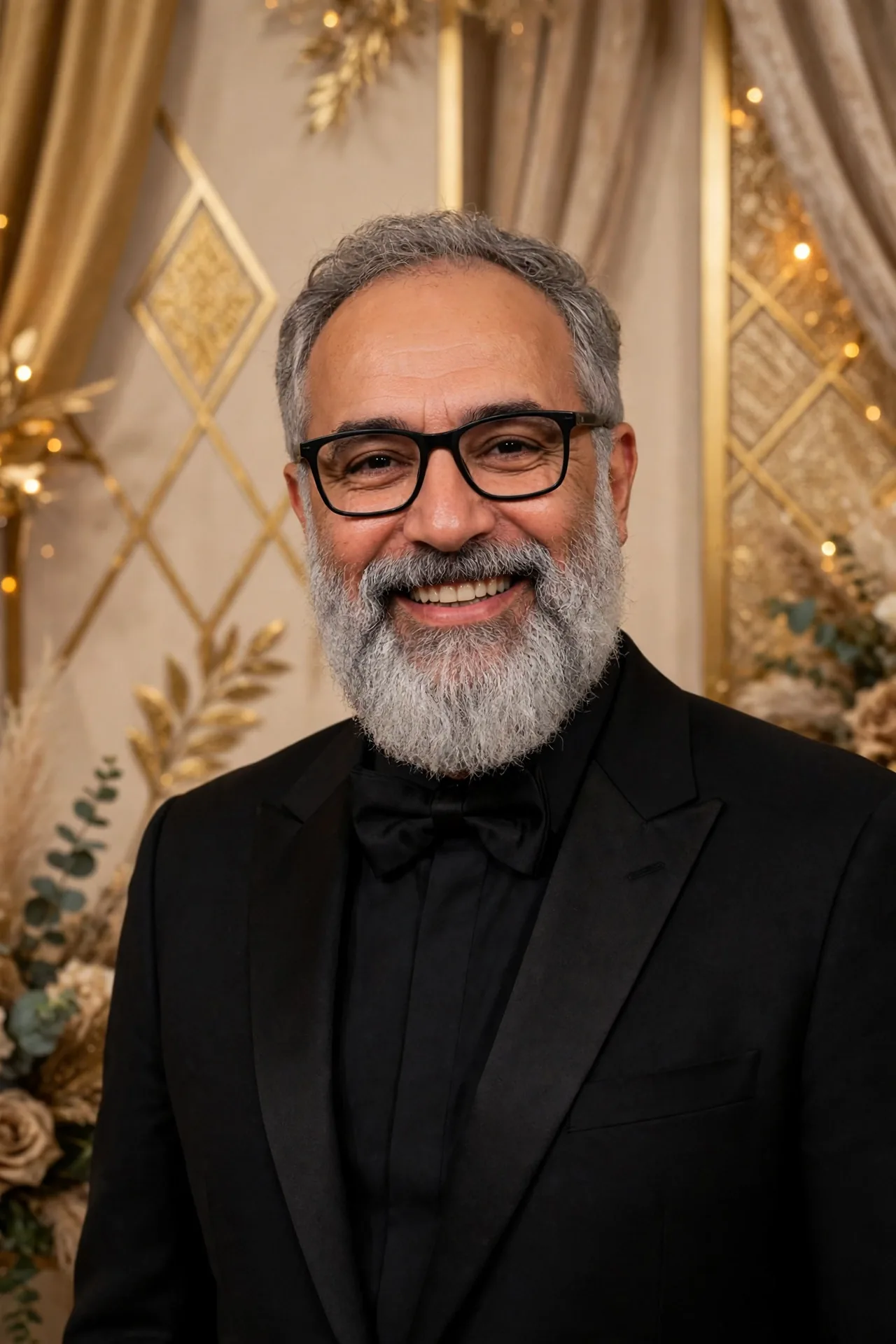 Stephen Colbert smiling with a full gray beard in a black tuxedo at an awards backdrop