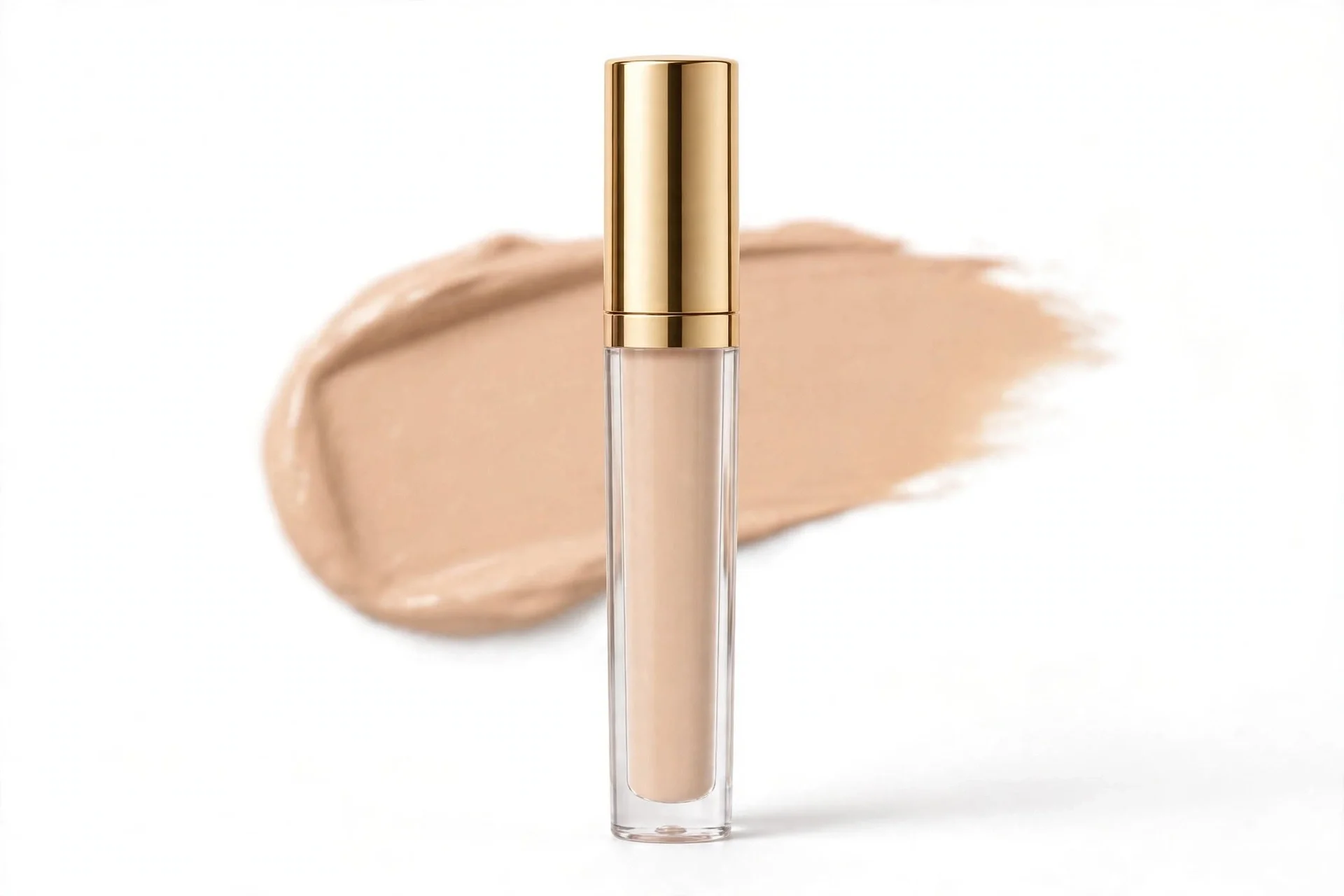 Slim clear tube of light-beige concealer with a gold cap, shown with a beige product swatch behind it
