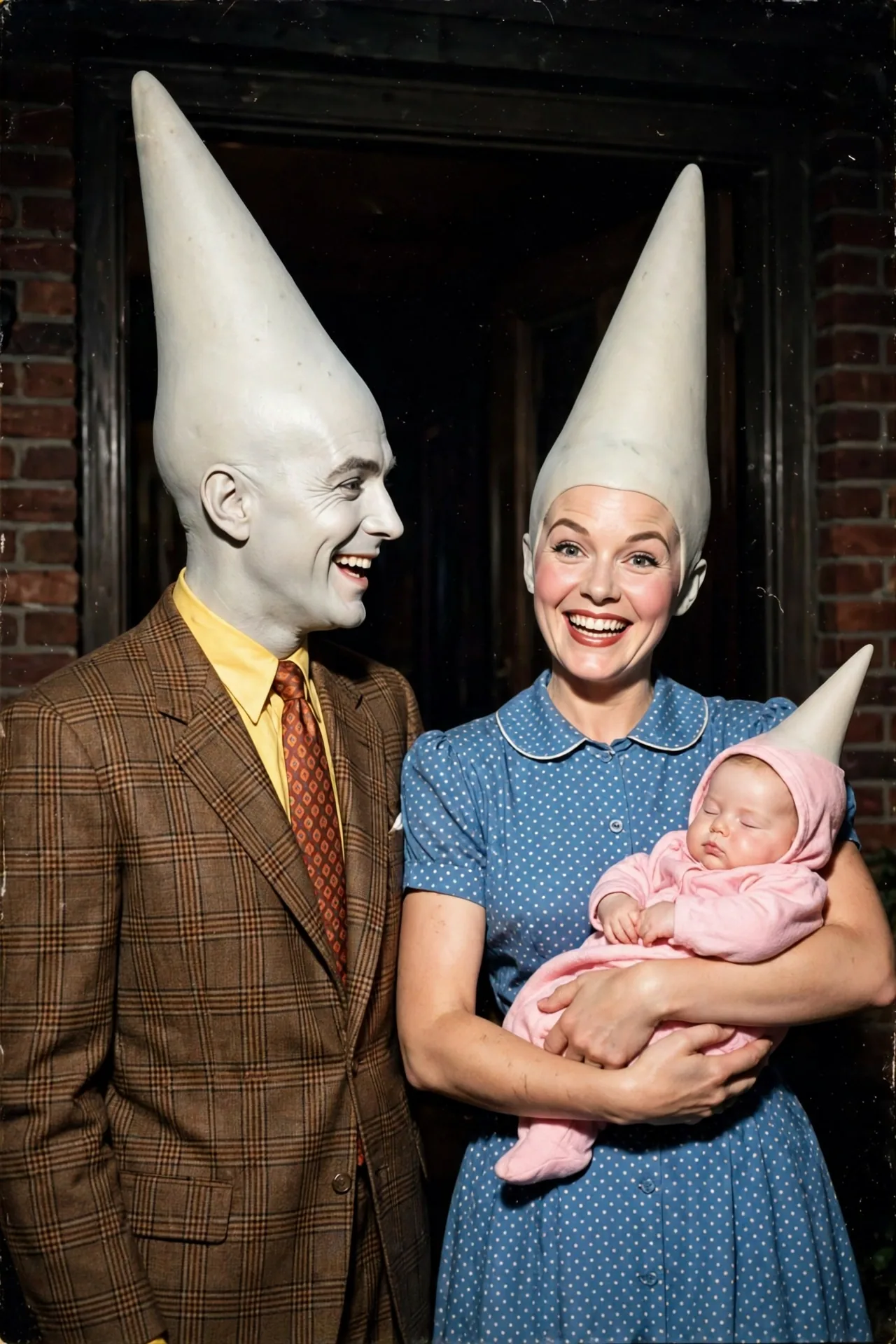 A cone-headed alien family in retro outfits, with a baby in pink, in a comic film still style