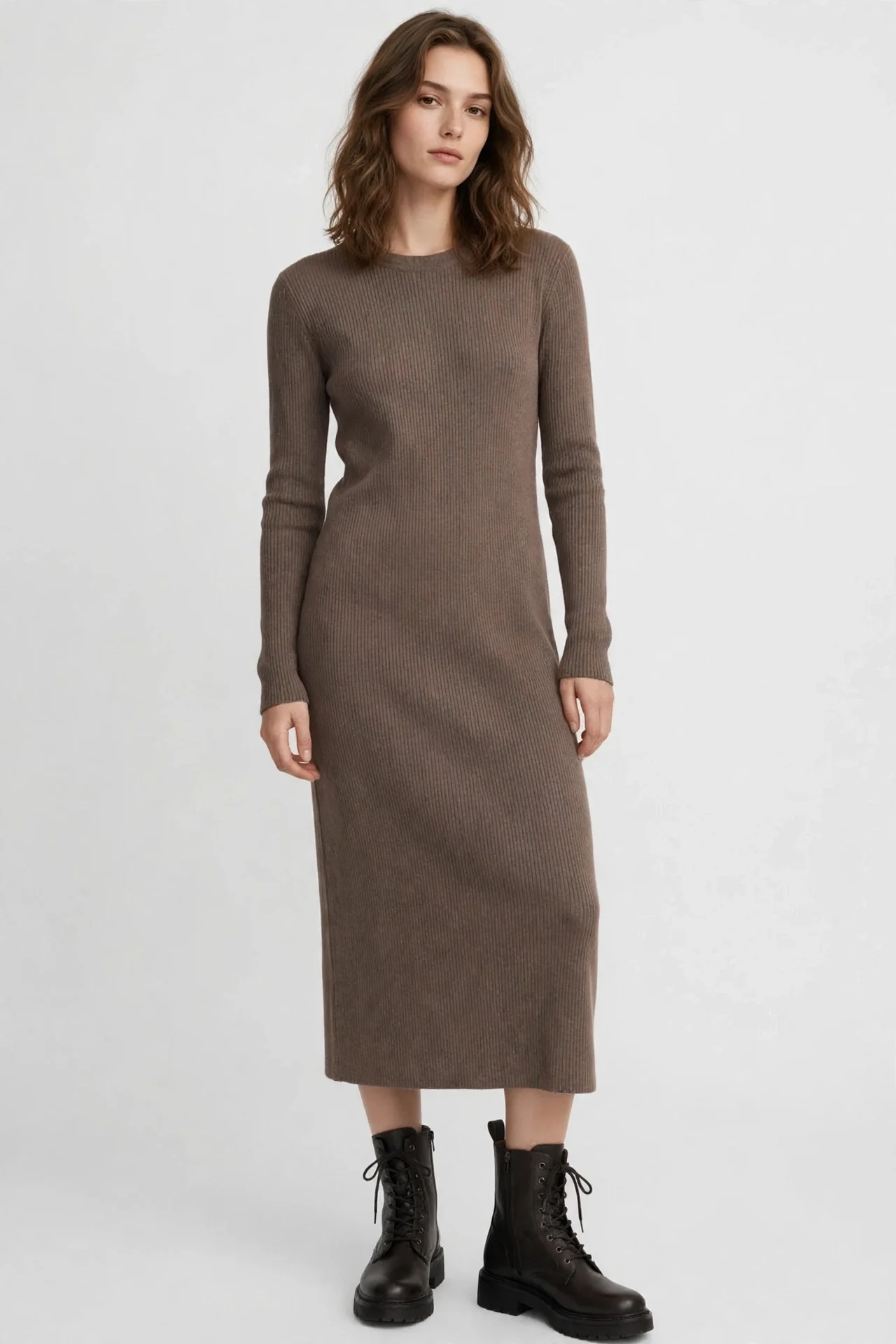 Taupe brown ribbed long-sleeve crew-neck midi dress worn with dark boots