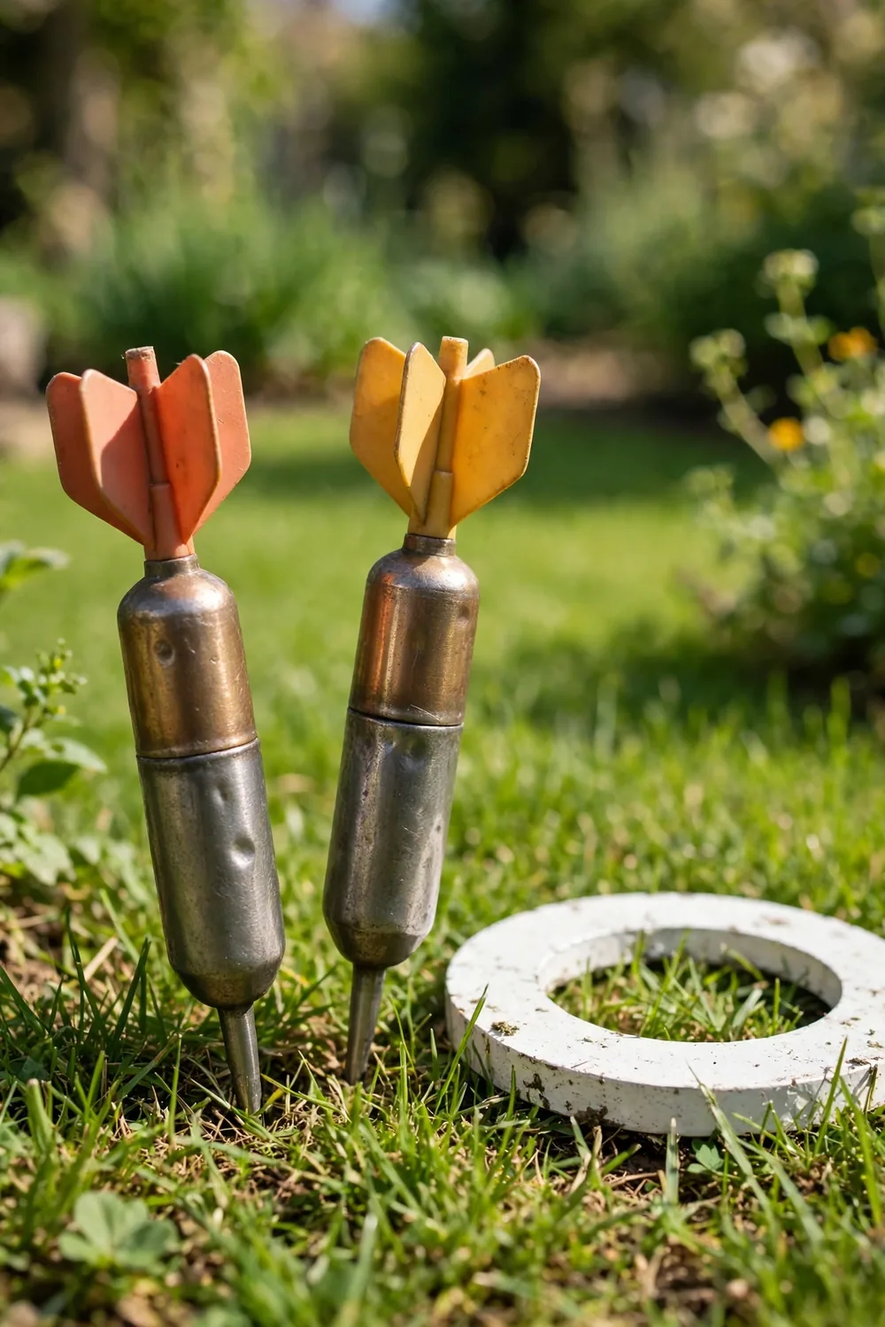 Metal-tipped lawn darts standing in grass beside a circular ground target