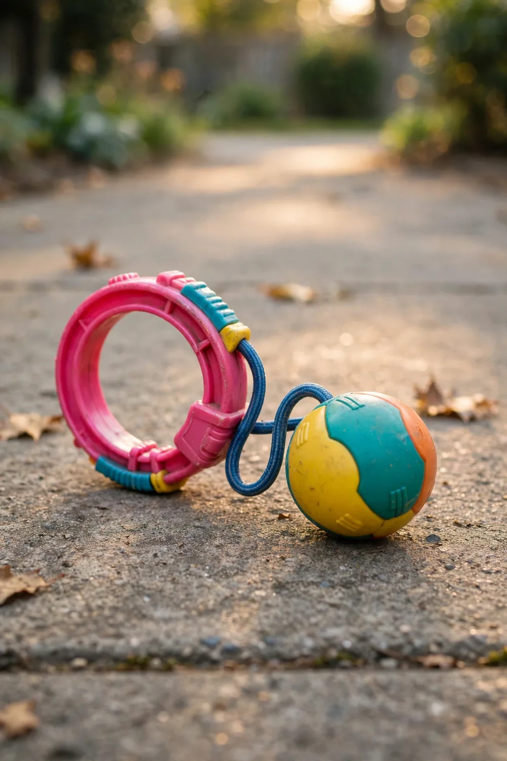 A colourful ankle skip toy with a counter ball resting on a driveway