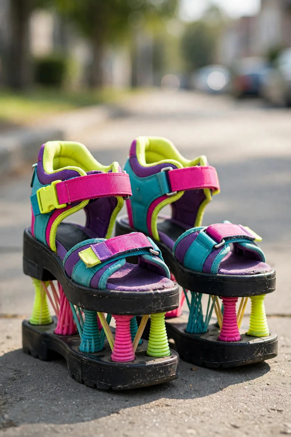 A pair of strap-on mini trampoline moon shoes with springs