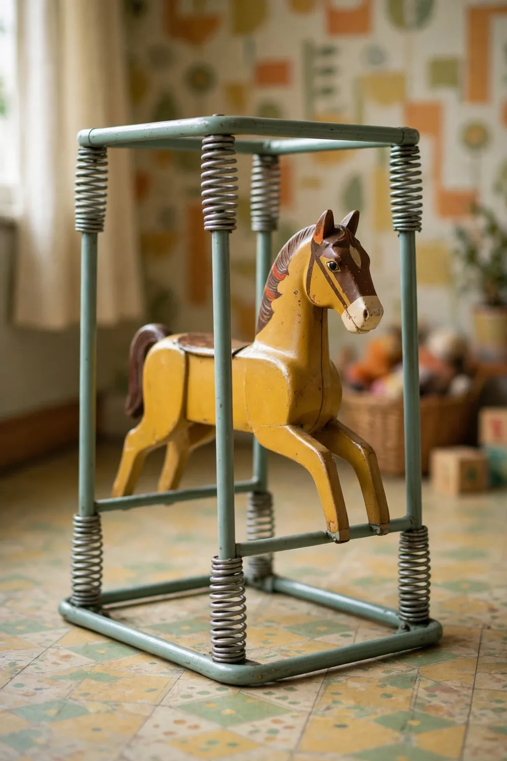 A vintage rocking horse suspended in a metal frame on exposed springs