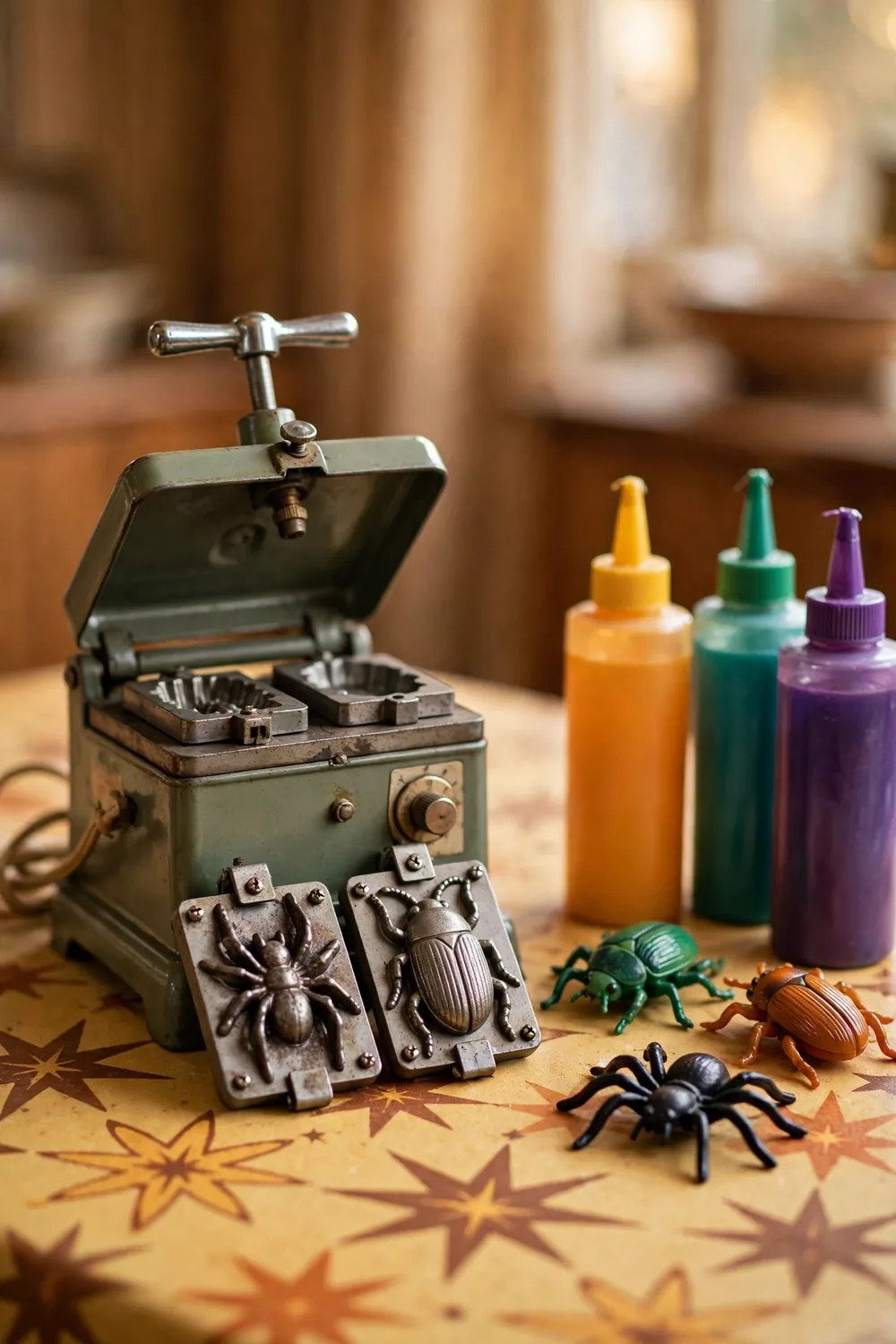 A vintage heated mould toy with metal moulds for making rubbery toy bugs