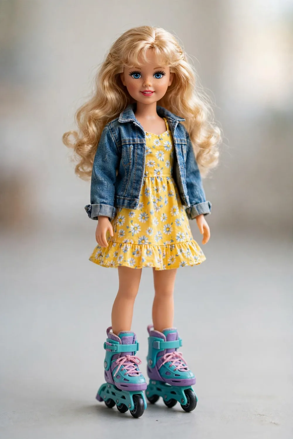 A nineties fashion doll wearing roller skates, photographed without packaging