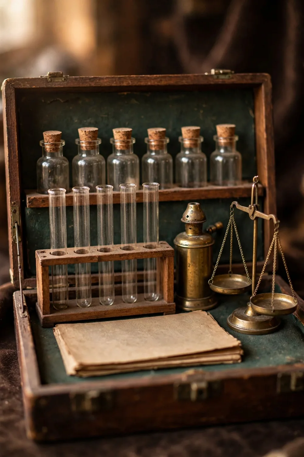 A vintage chemistry set with glass bottles, test tubes and a wooden case