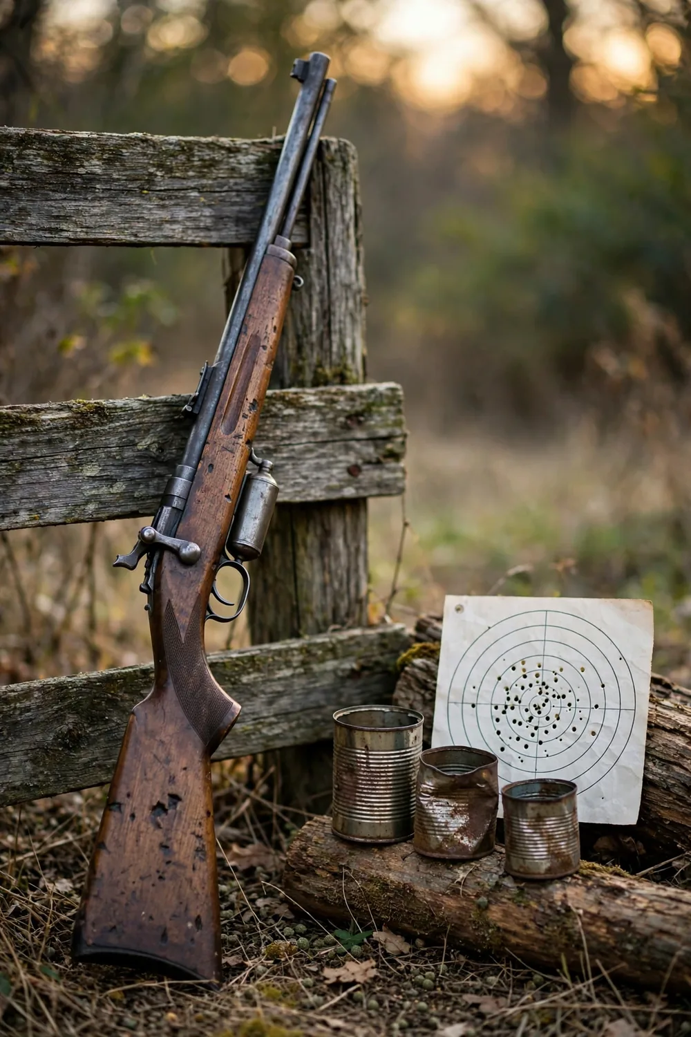 A vintage-style air rifle resting on a wooden fence outdoors