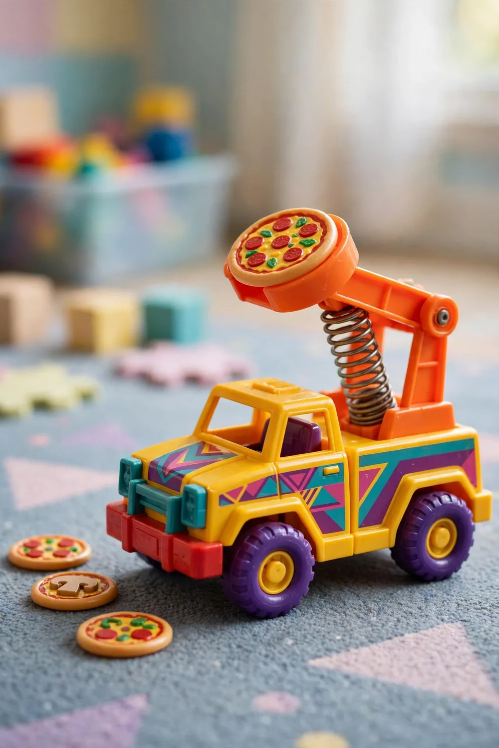 A toy vehicle that launches small plastic pizza discs, bright and cartoonish