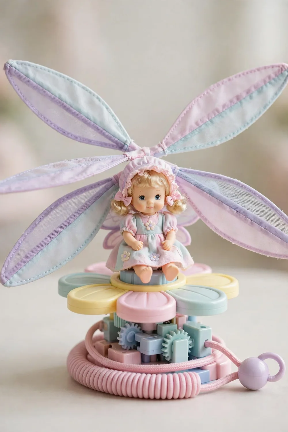A flying fairy doll toy seated on its cord-pull launcher base
