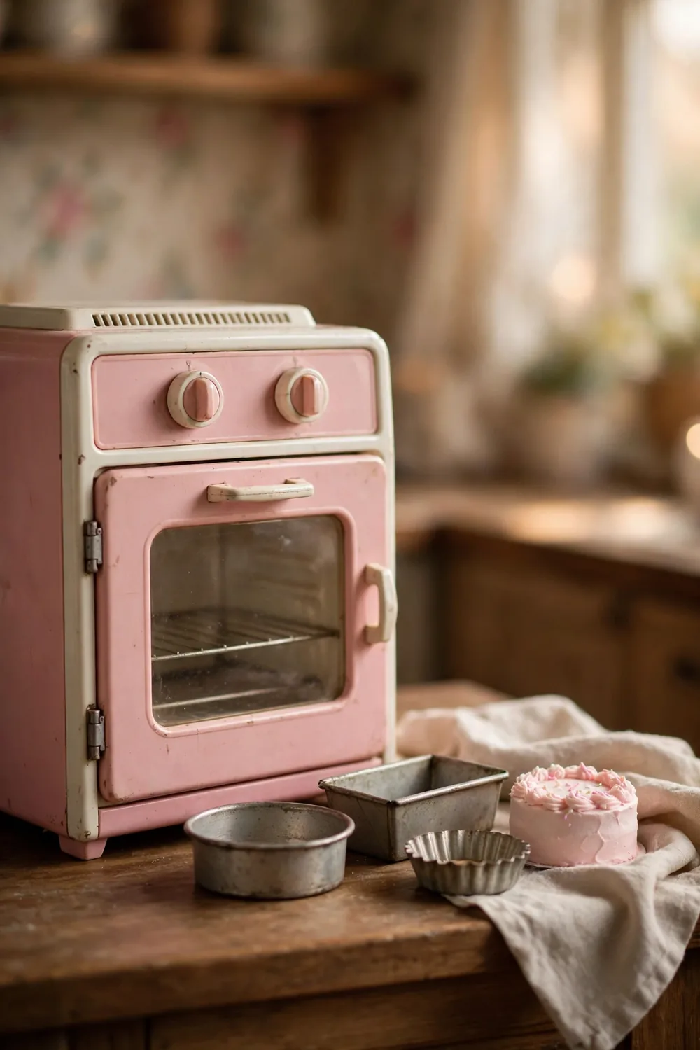 A vintage-style toy oven for children, pink and white with a front door