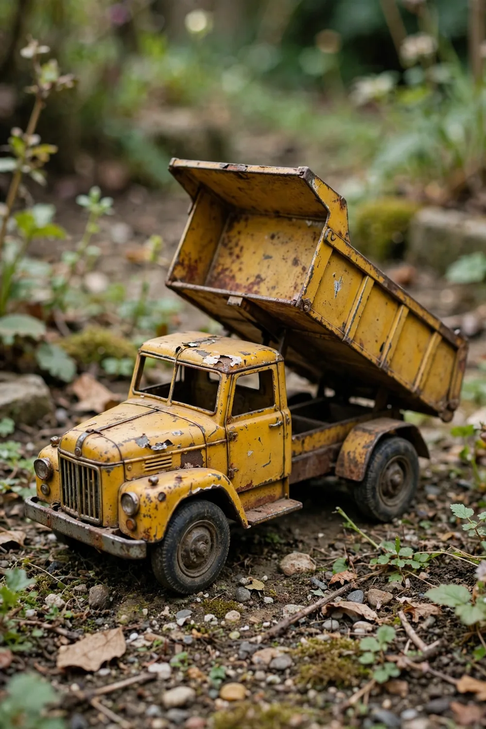 A vintage pressed-steel toy dump truck in faded yellow