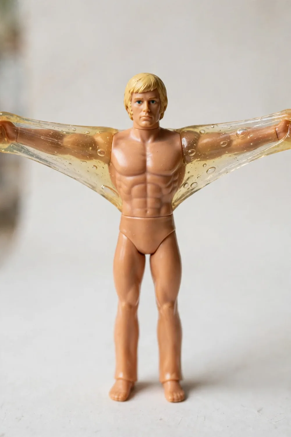 A muscular gel-filled stretch toy figure with arms pulled wide