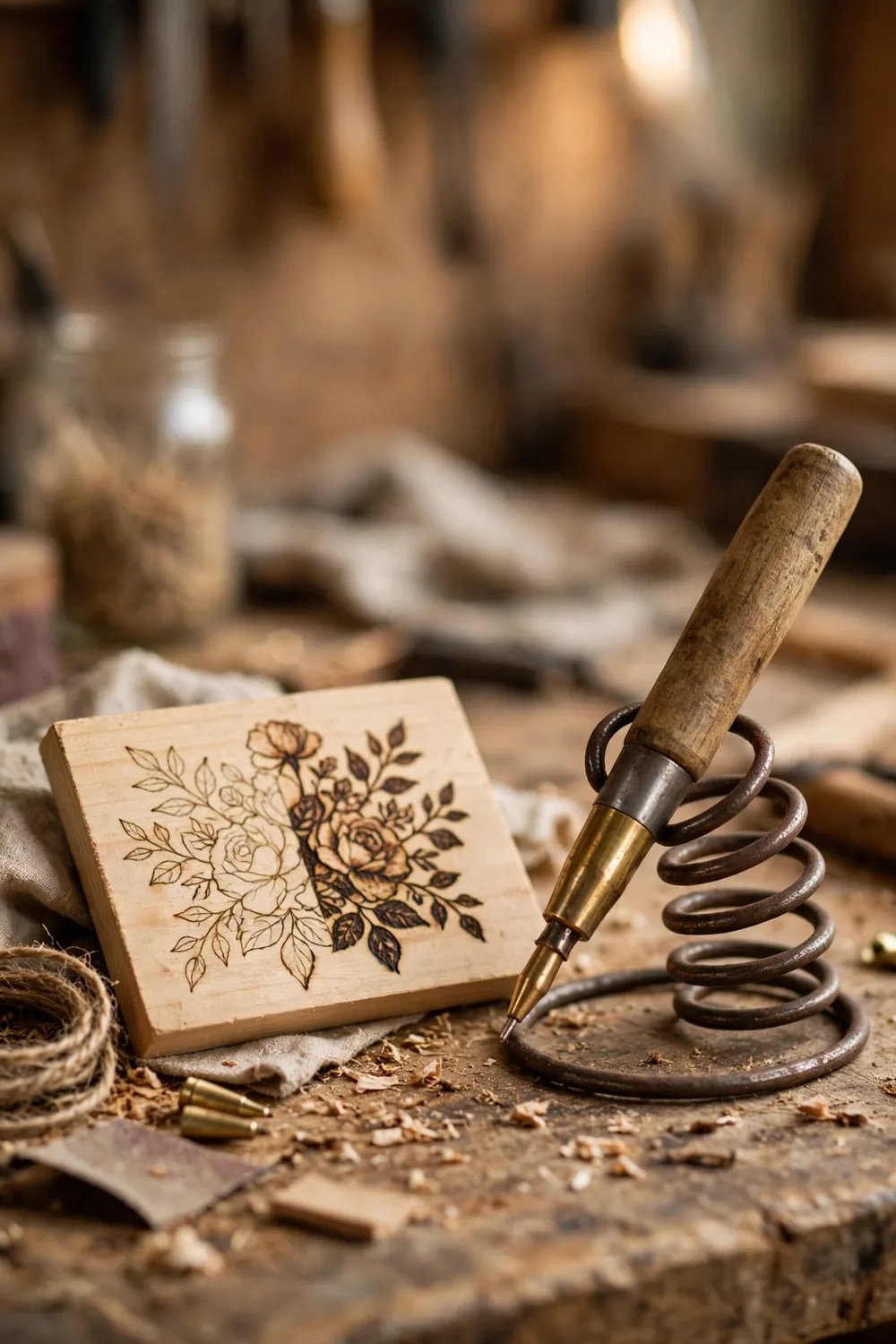 A wood-burning pen tool resting beside a half-finished burned wooden plaque