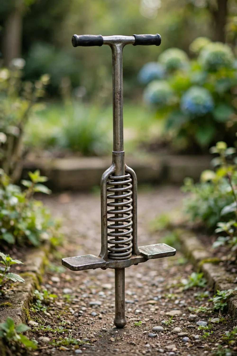 A classic metal pogo stick standing on a garden path
