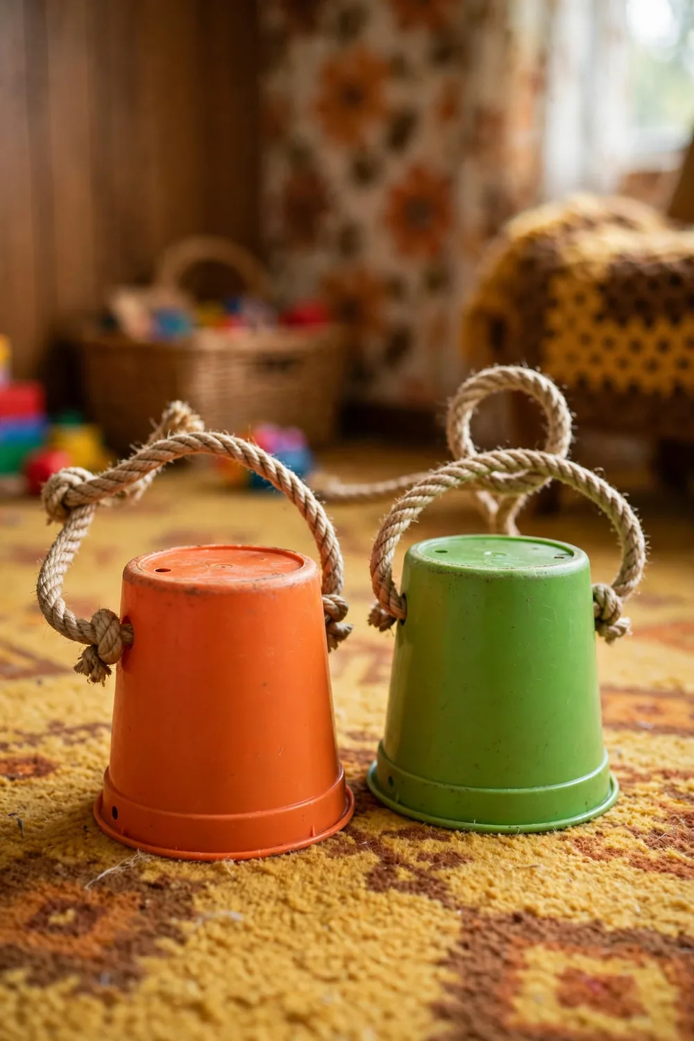 A pair of upside-down cup stilts with rope handles, a vintage romper stomper toy