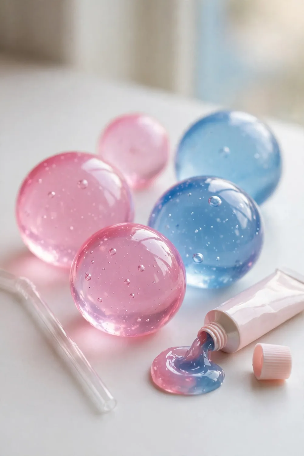 A thin straw beside glossy translucent gel bubbles on a bright surface