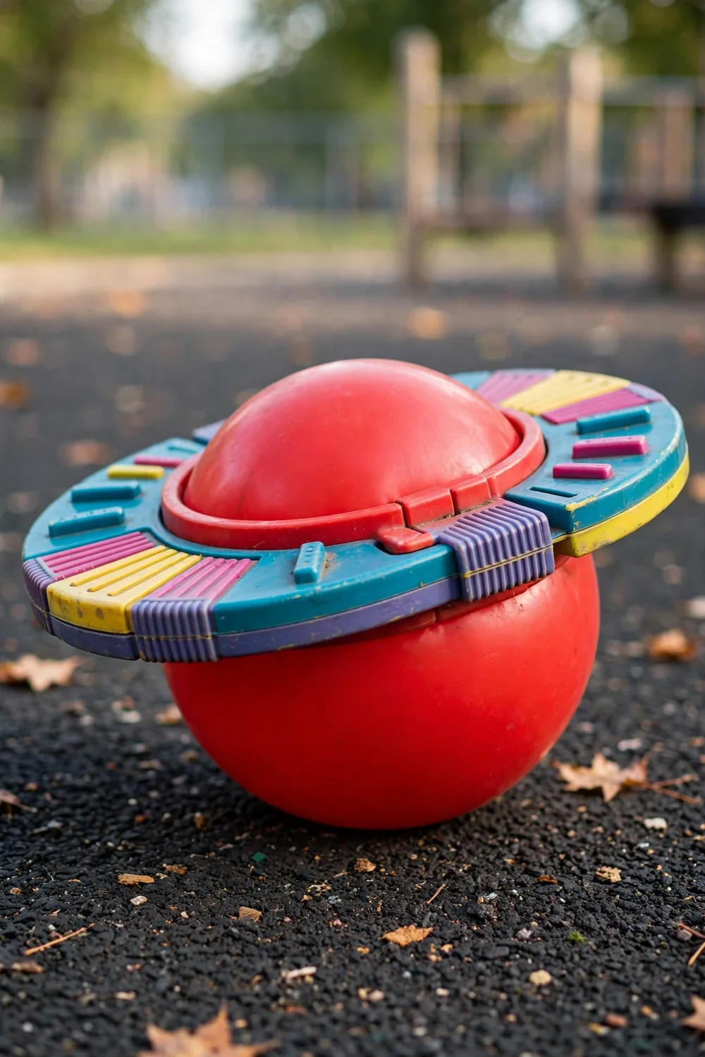 A vintage pogo bal toy, a disc platform around an inflatable rubber ball