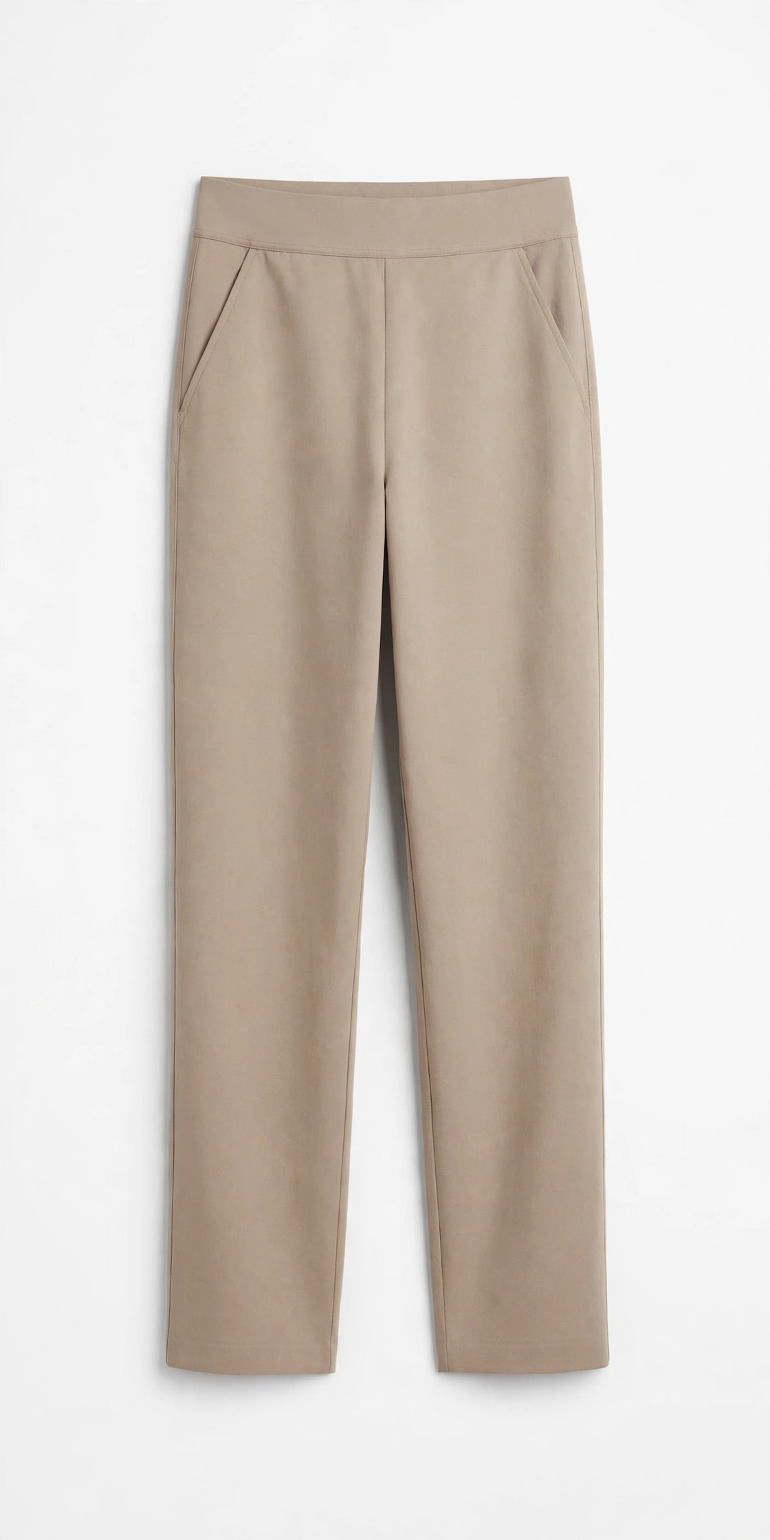 Beige women's high-rise pull-on pants with a smooth waistband, product photo on a light background