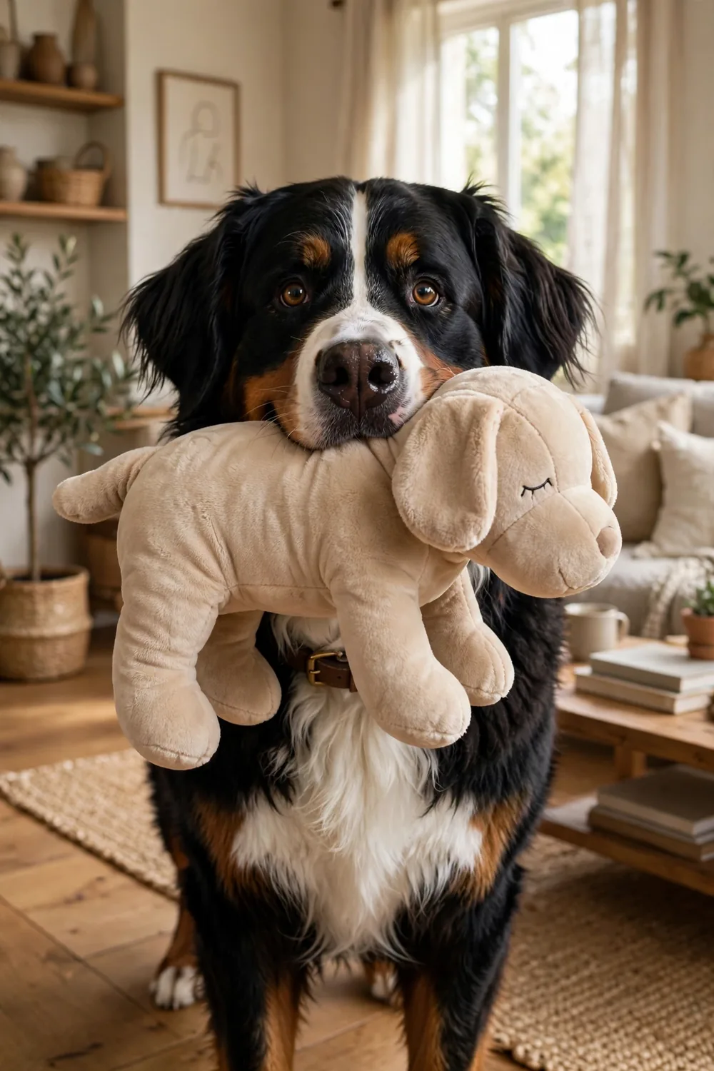 A large soft plush dog toy with a squeaker and crinkle paper being carried by a big dog indoors