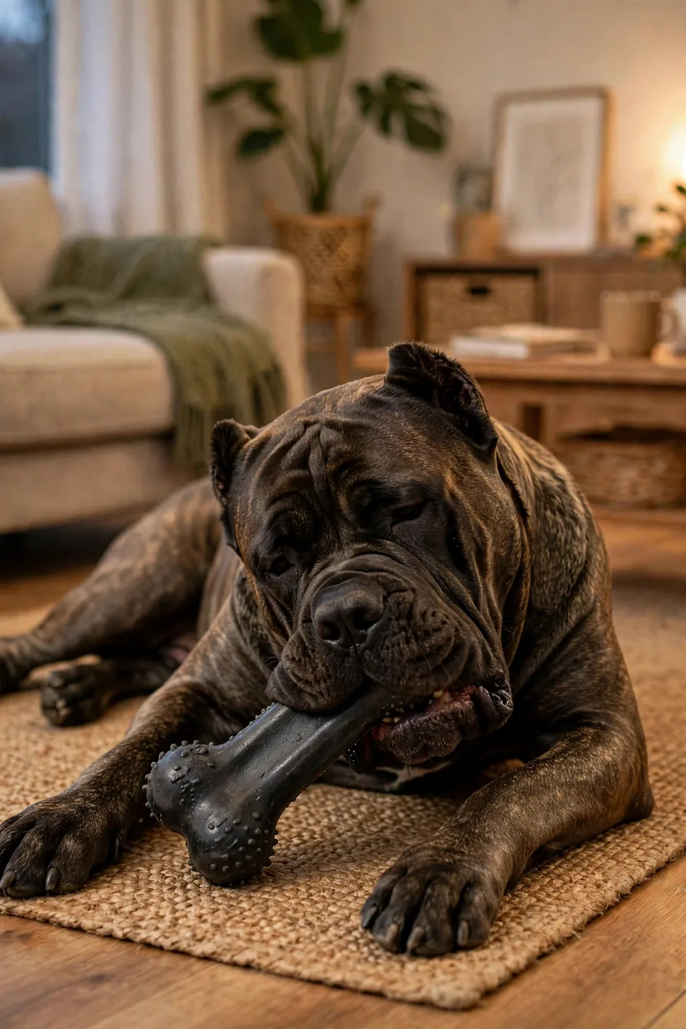 A tough nylon and rubber dog bone chew toy for large dogs on a living room floor