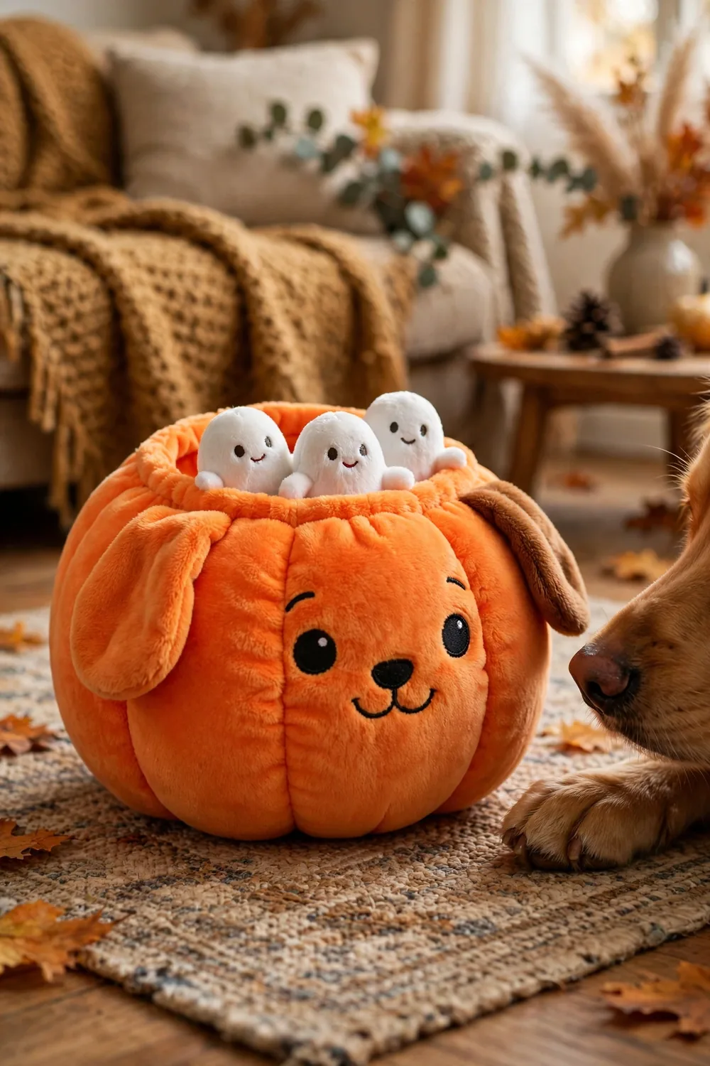 A plush pumpkin dog toy with small white ghost plush toys hidden inside, on a rug