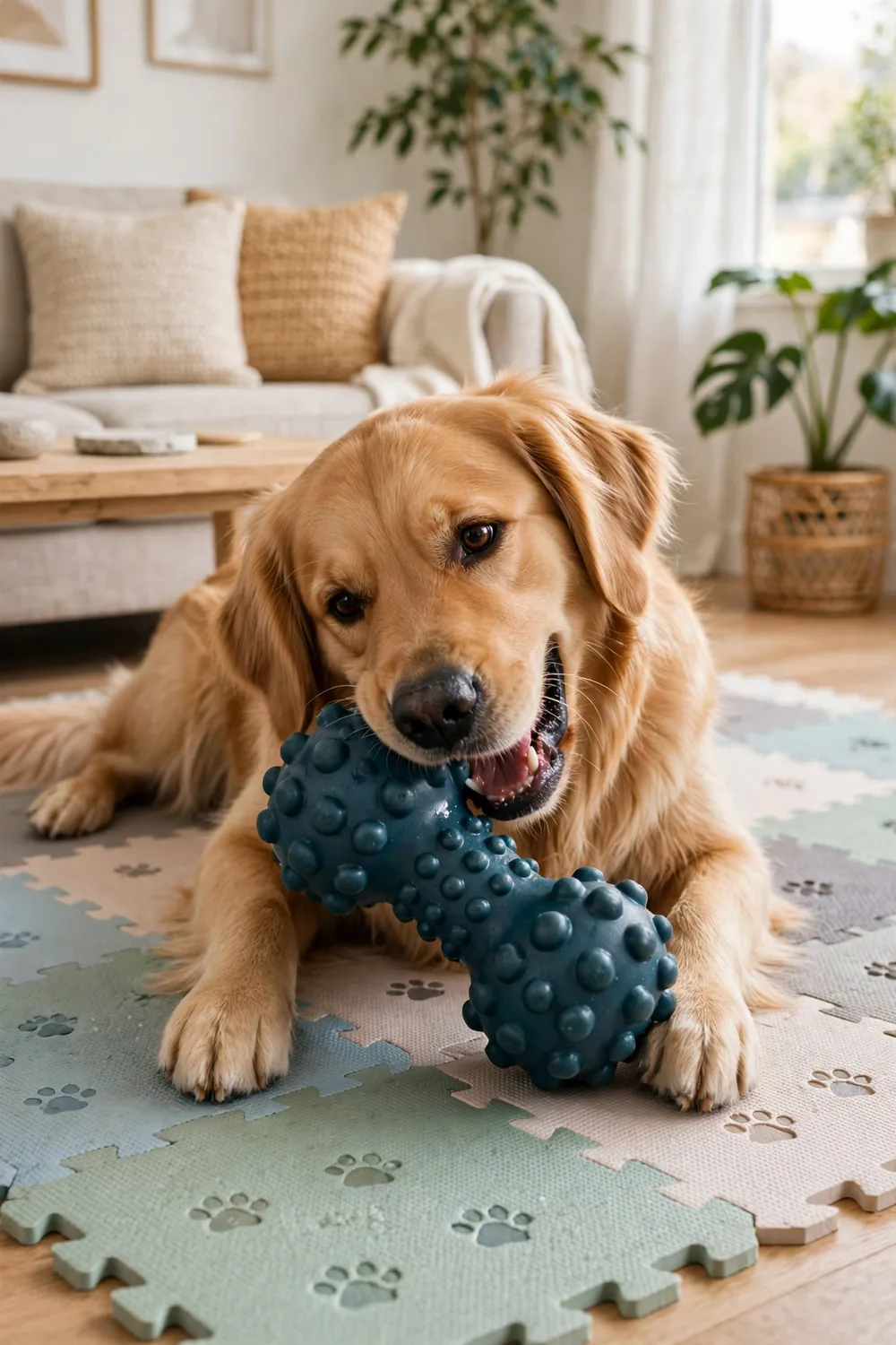 A durable squeaky chew toy for a medium-large dog being chewed on a mat