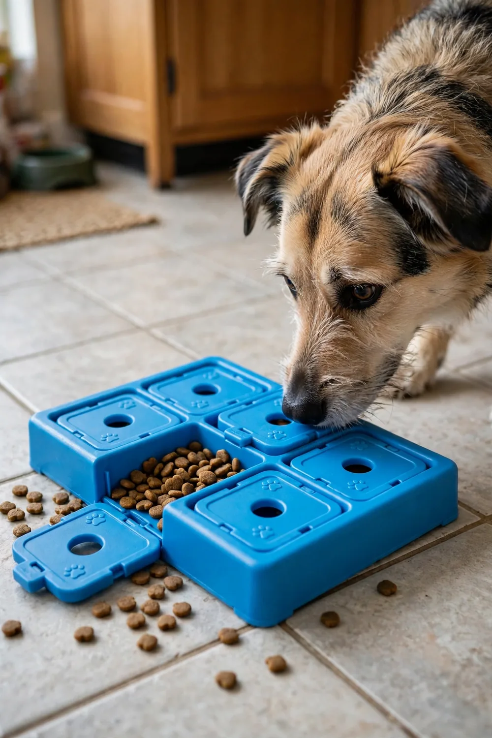 A blue dog puzzle feeder toy with sliding compartments filled with kibble, a dog nudging it