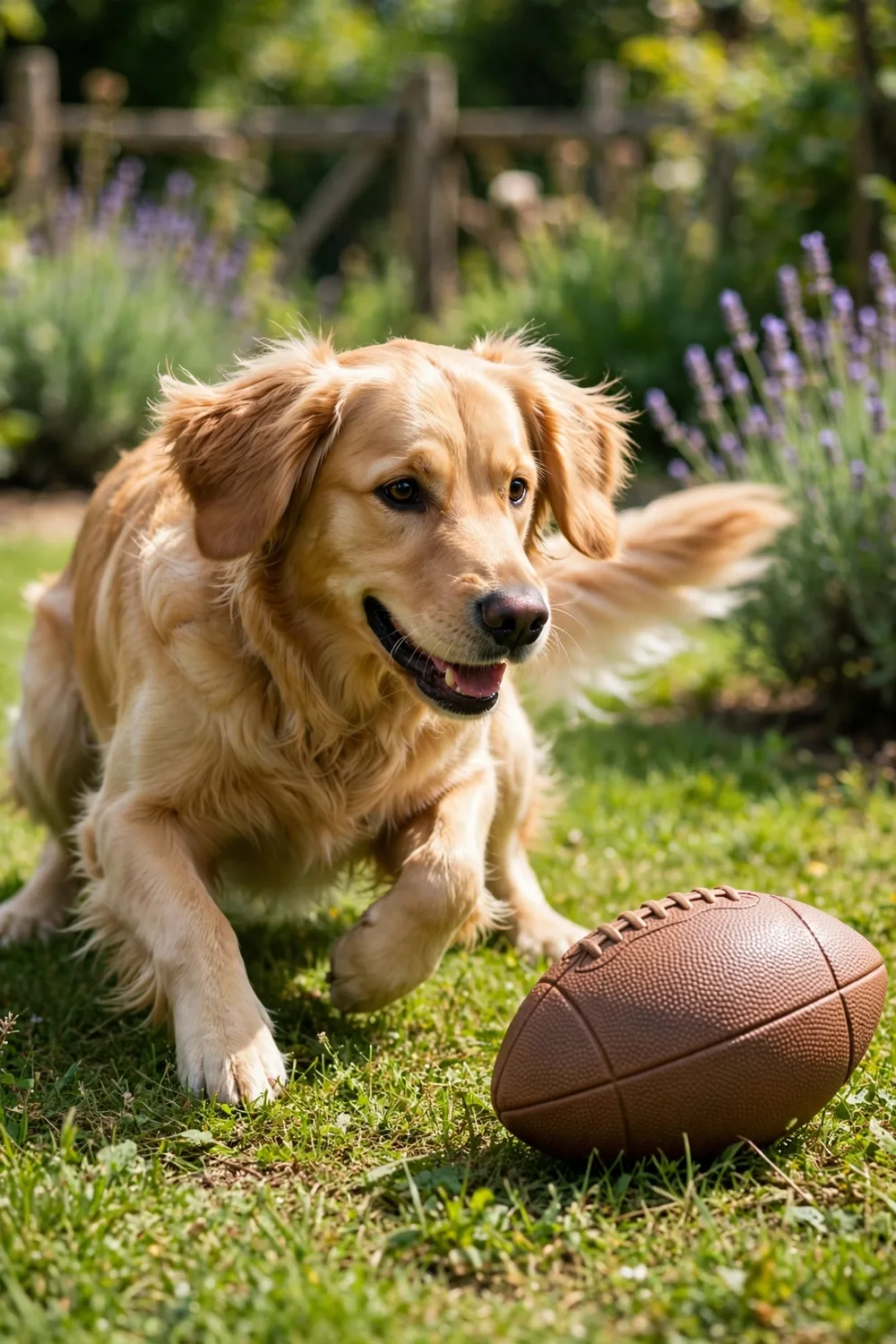 A textured natural rubber football dog toy on grass with a dog ready to fetch