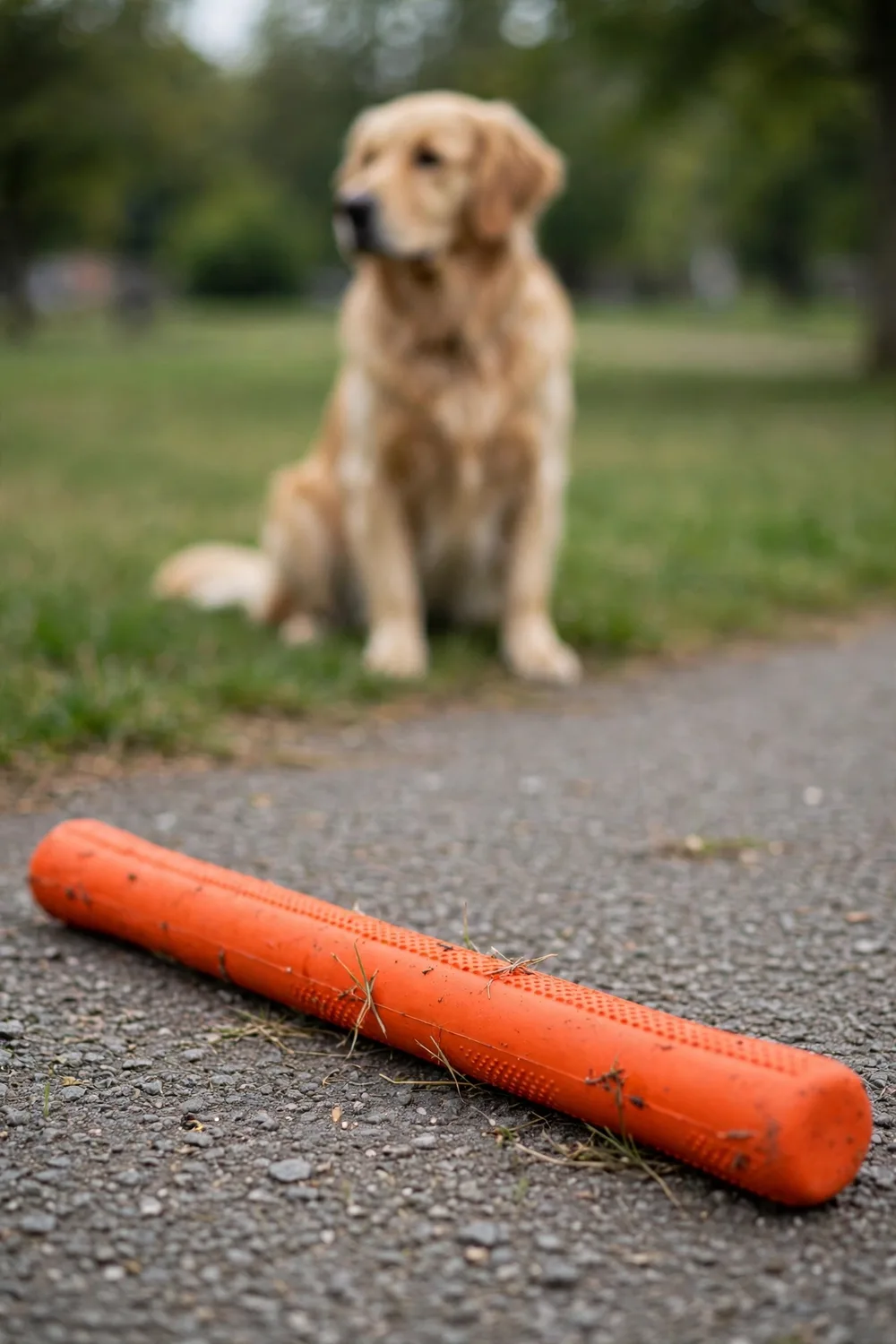 A bright orange rubber fetch stick dog toy lying on a walking path in a park