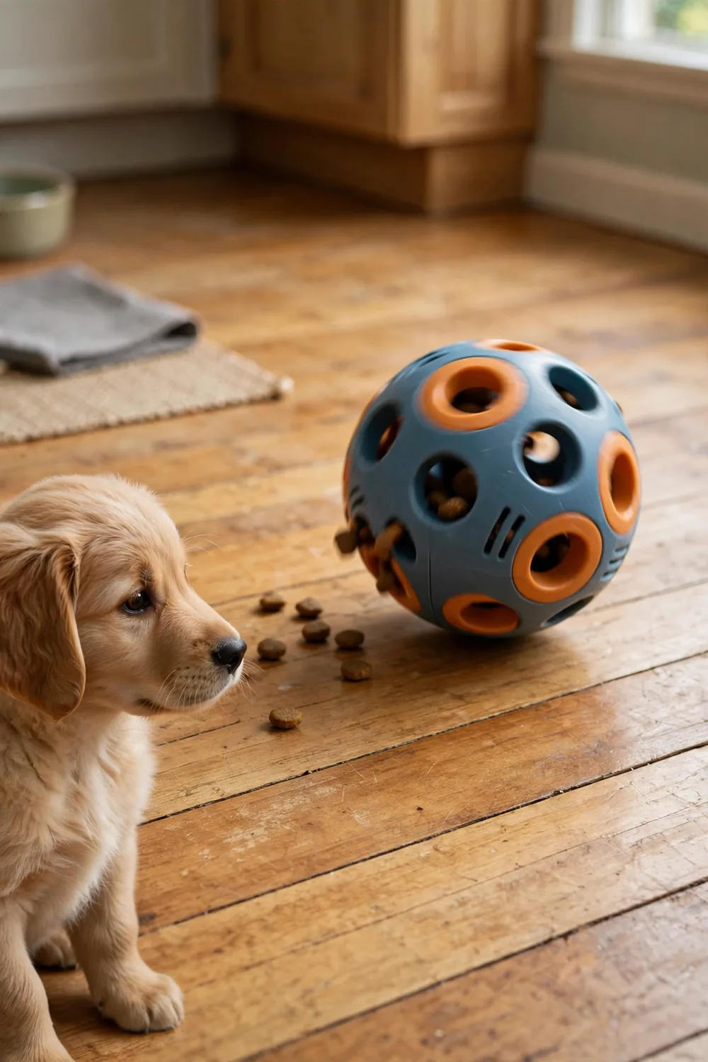 A treat-dispensing puzzle ball dog toy rolling on a kitchen floor with kibble nearby