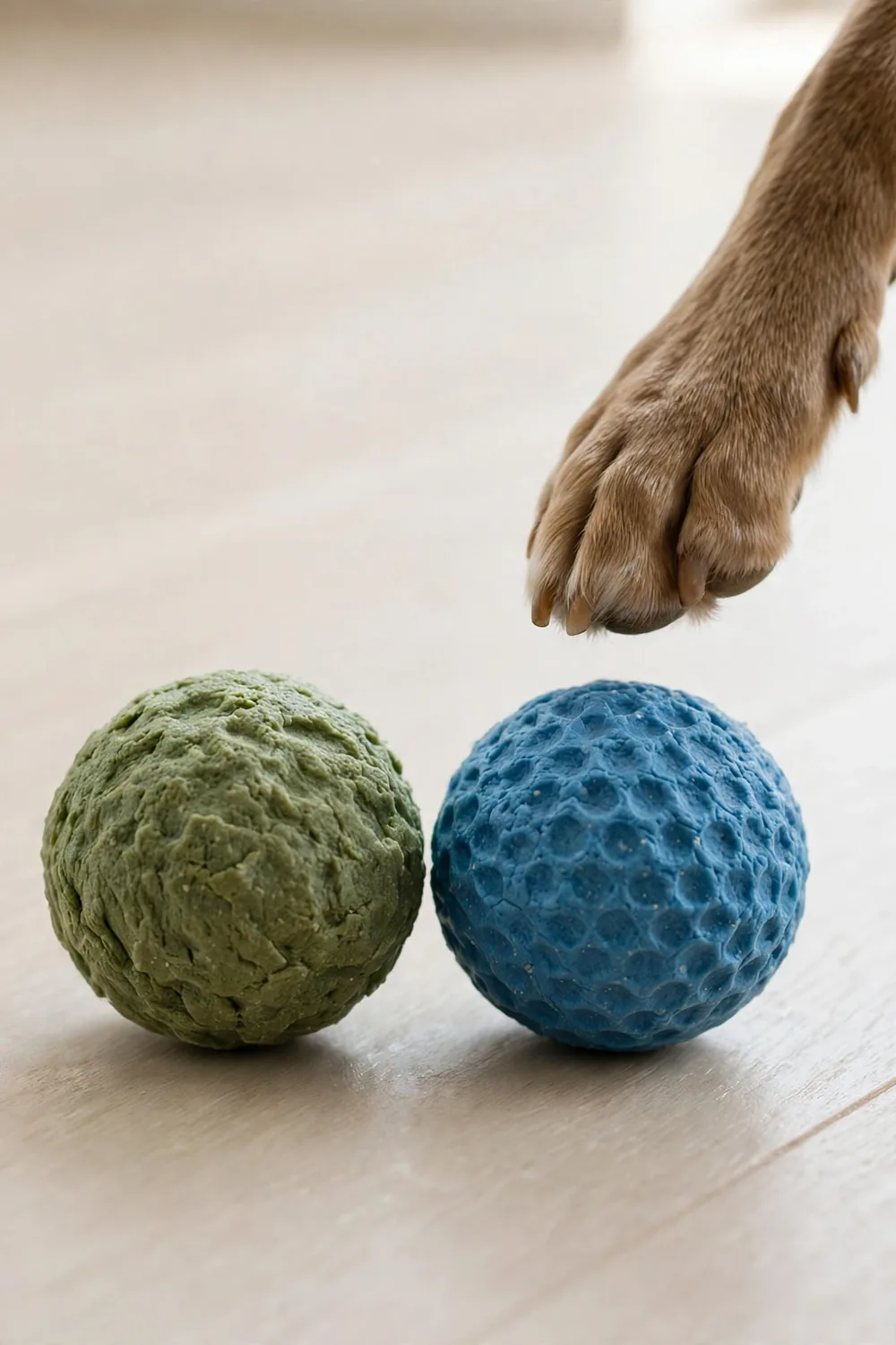 Two textured tooth-cleaning treat balls for dogs, one green and one blue, on a floor