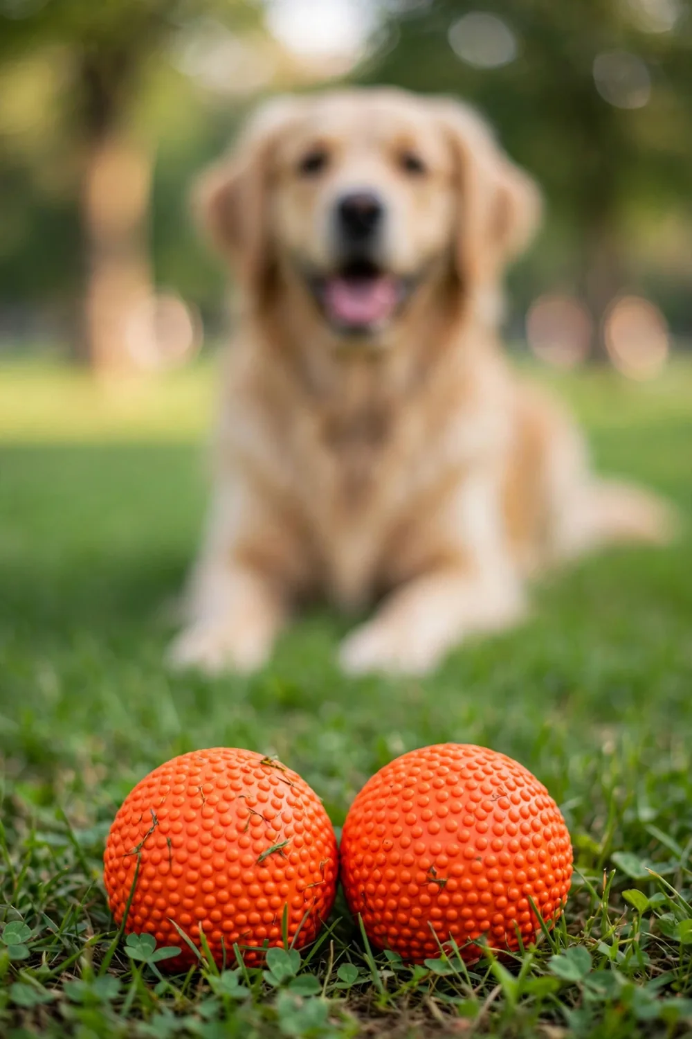 Two bright orange durable rubber fetch balls for dogs on grass at a park