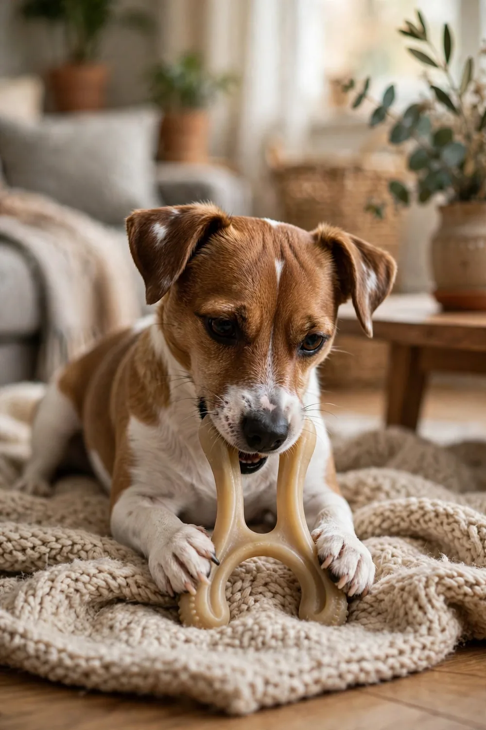 A wishbone-shaped dog chew toy being held between a small dog's paws