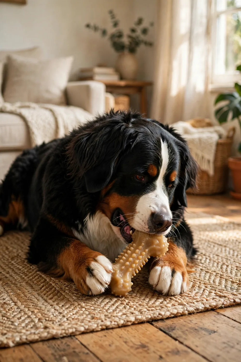 A large textured knuckle bone dog chew toy on a rug next to a big dog