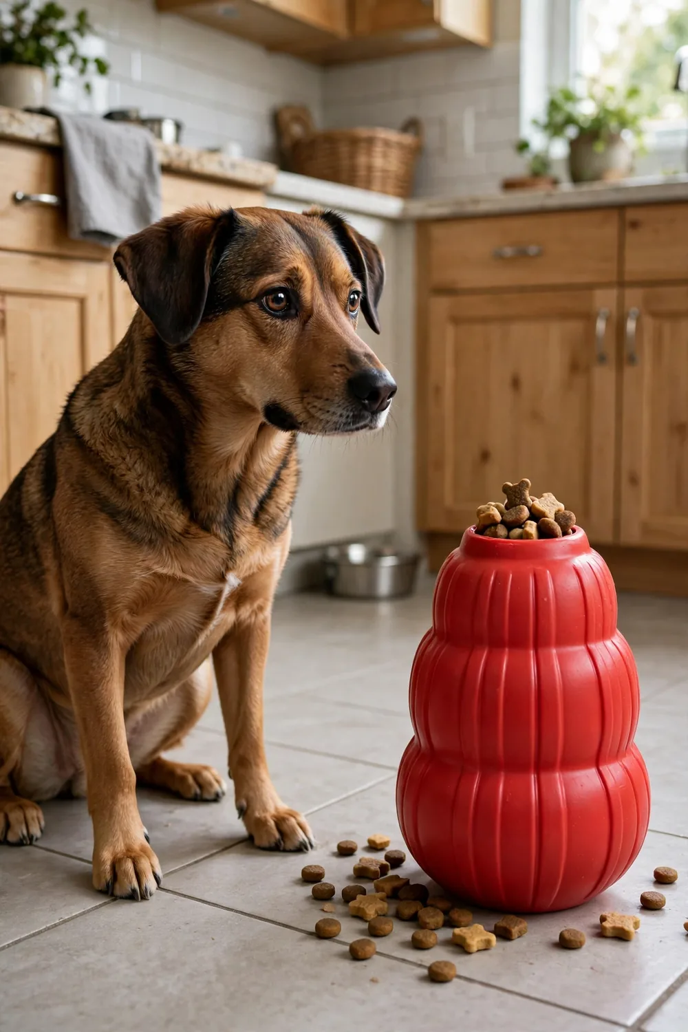 A classic red rubber stuffable dog toy filled with treats beside a medium dog